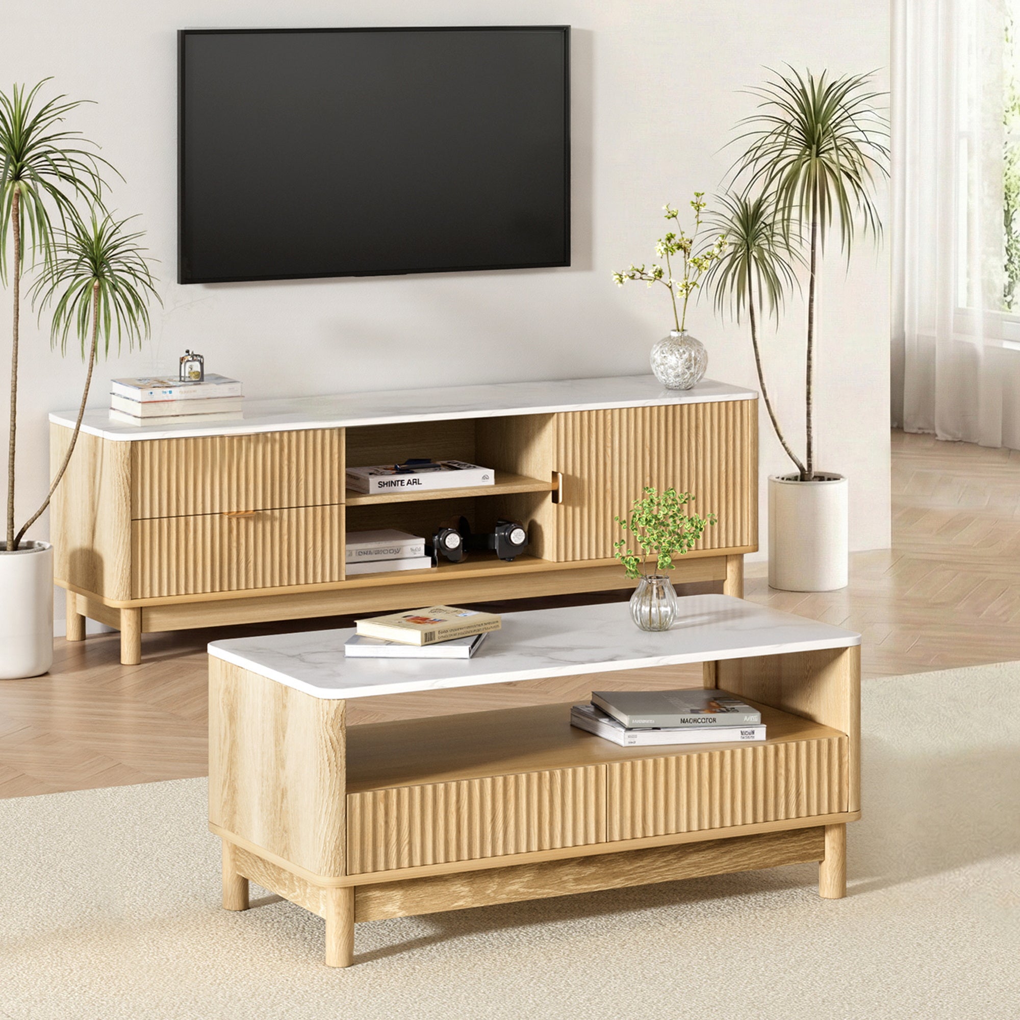 Artiss TV Unit & Coffee Table Set Storage Drawers Pine-Furniture > Bedroom > Beds & Bed Frames-PEROZ Accessories