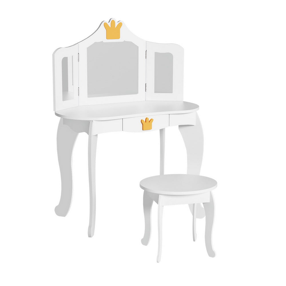 Keezi Kids Dressing Table Vanity Makeup Chair Set Wooden 3 Mirror Drawer White-Baby & Kids > Kid&