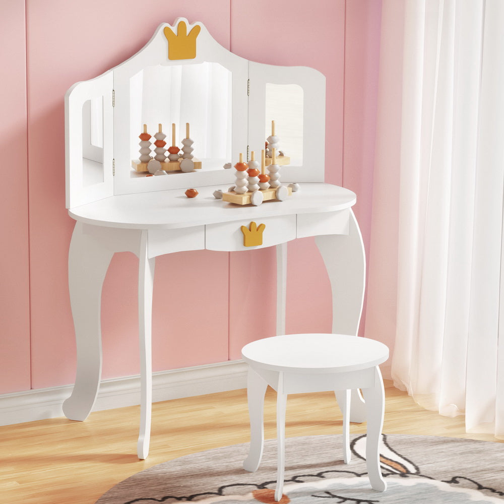 Keezi Kids Dressing Table Vanity Makeup Chair Set Wooden 3 Mirror Drawer White-Baby & Kids > Kid&