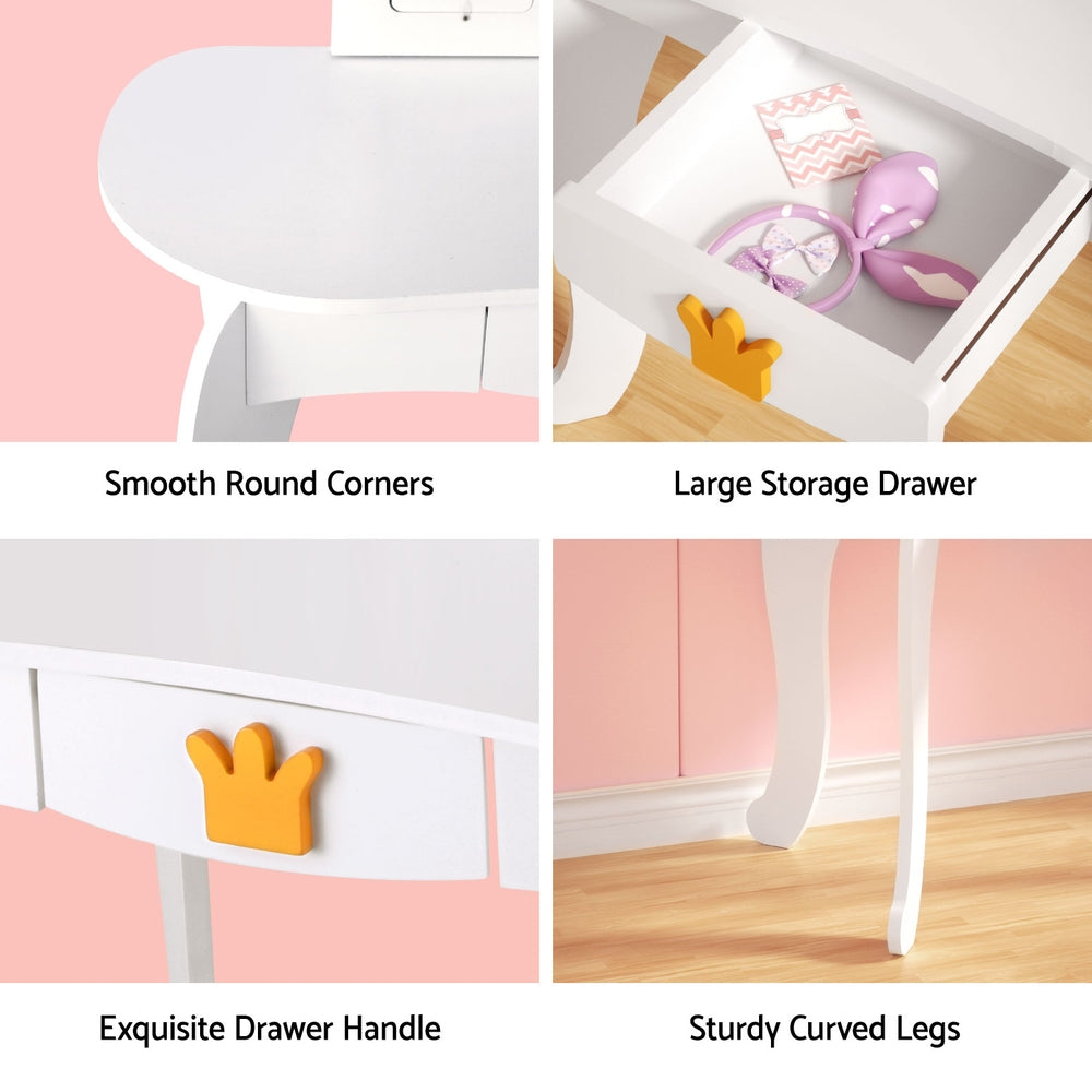 Keezi Kids Dressing Table Vanity Makeup Chair Set Wooden 3 Mirror Drawer White-Baby & Kids > Kid&