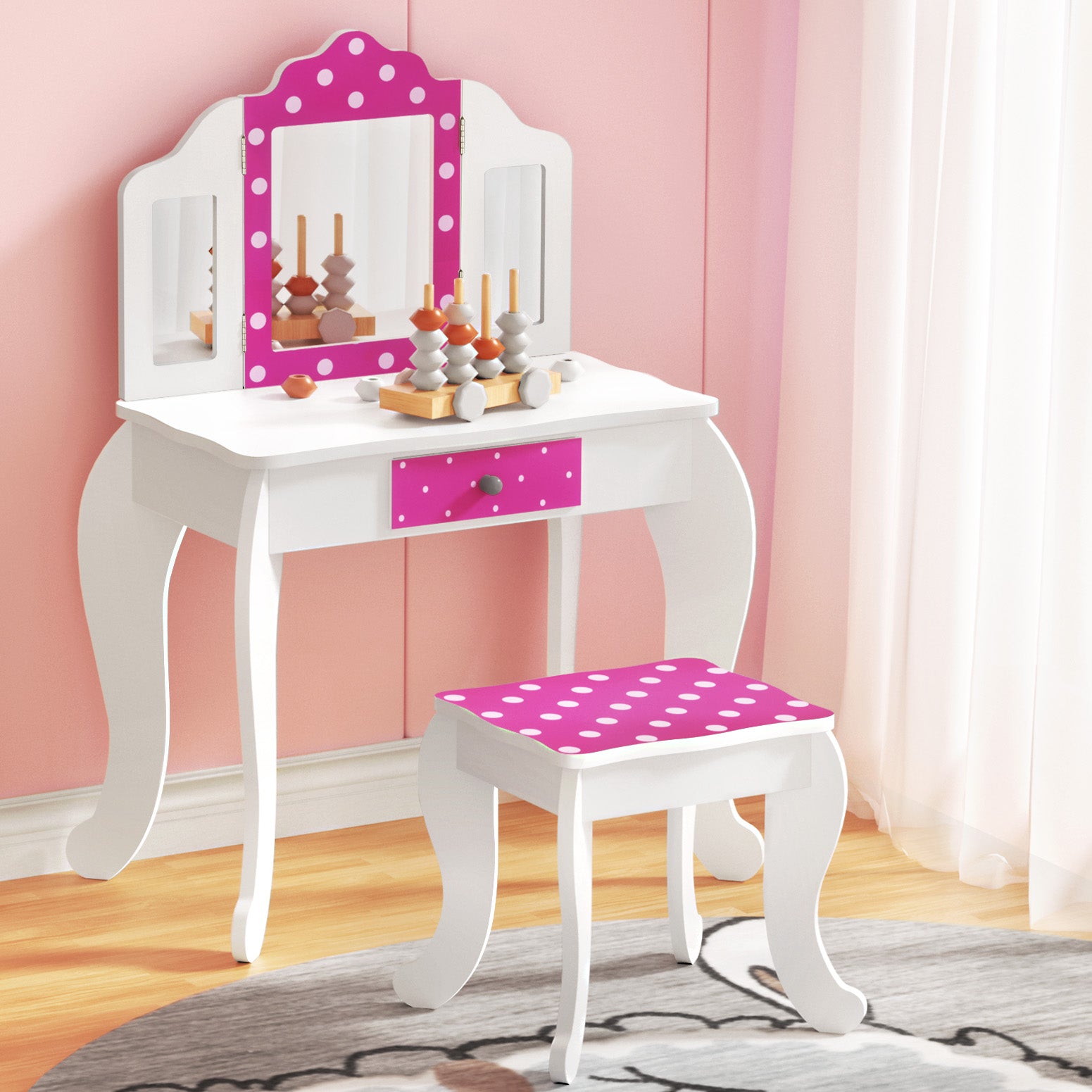 Keezi Kids Dressing Table Vanity Makeup Chair Set Wooden 3 Mirror Drawer Pink-Baby & Kids > Kid&