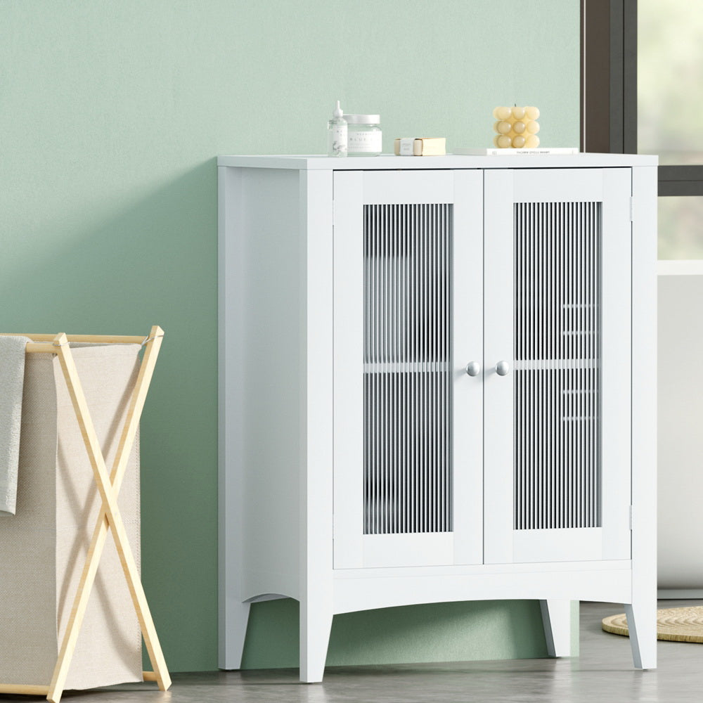Artiss Bathroom Storage Cabinet 80cm Buffet Sideboard Floor Cupboard Toilet Glass White-Furniture > Bathroom > Bathroom Cabinets, Cupboards & Storage-PEROZ Accessories