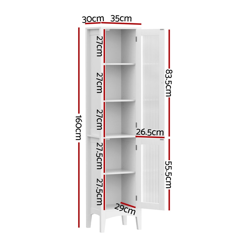 Artiss Bathroom Storage Cabinet 160cm Tall Slim Floor Cupboard Toilet Glass Door White-Furniture > Bathroom > Bathroom Cabinets, Cupboards & Storage-PEROZ Accessories