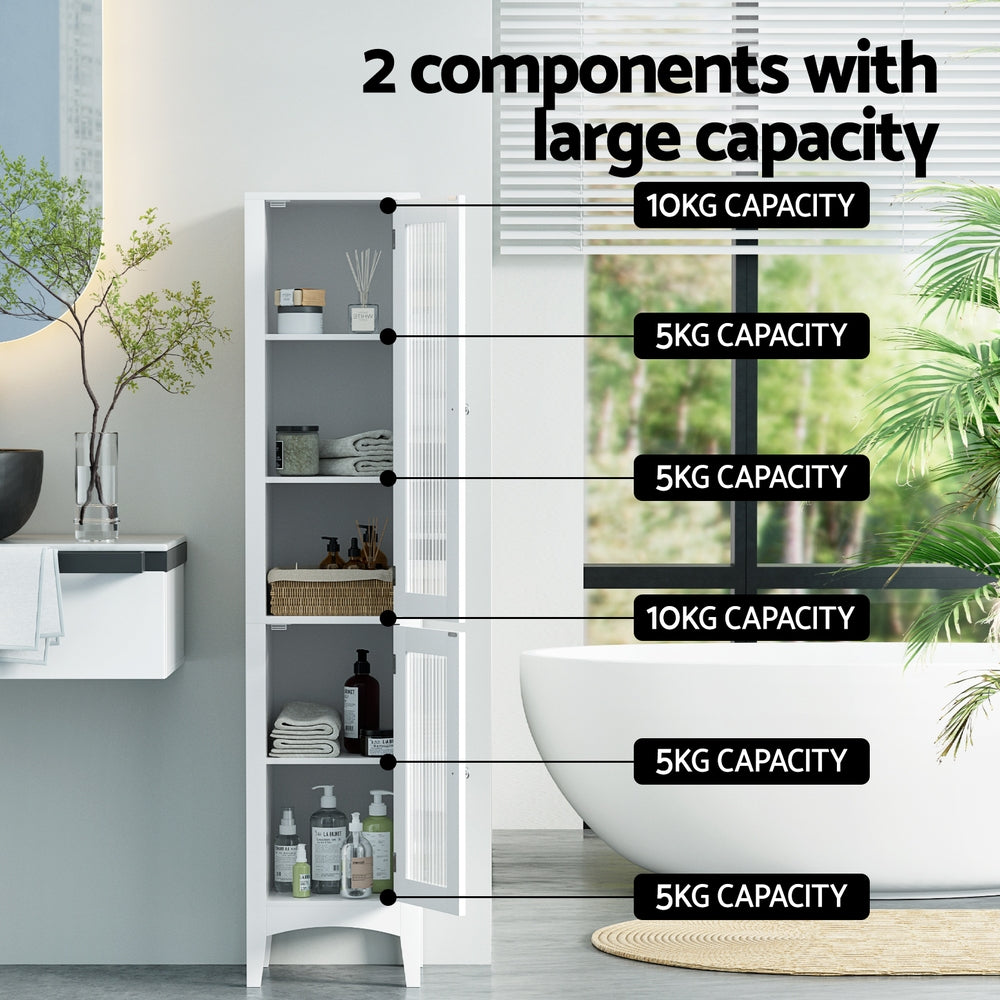 Artiss Bathroom Storage Cabinet 160cm Tall Slim Floor Cupboard Toilet Glass Door White-Furniture > Bathroom > Bathroom Cabinets, Cupboards & Storage-PEROZ Accessories