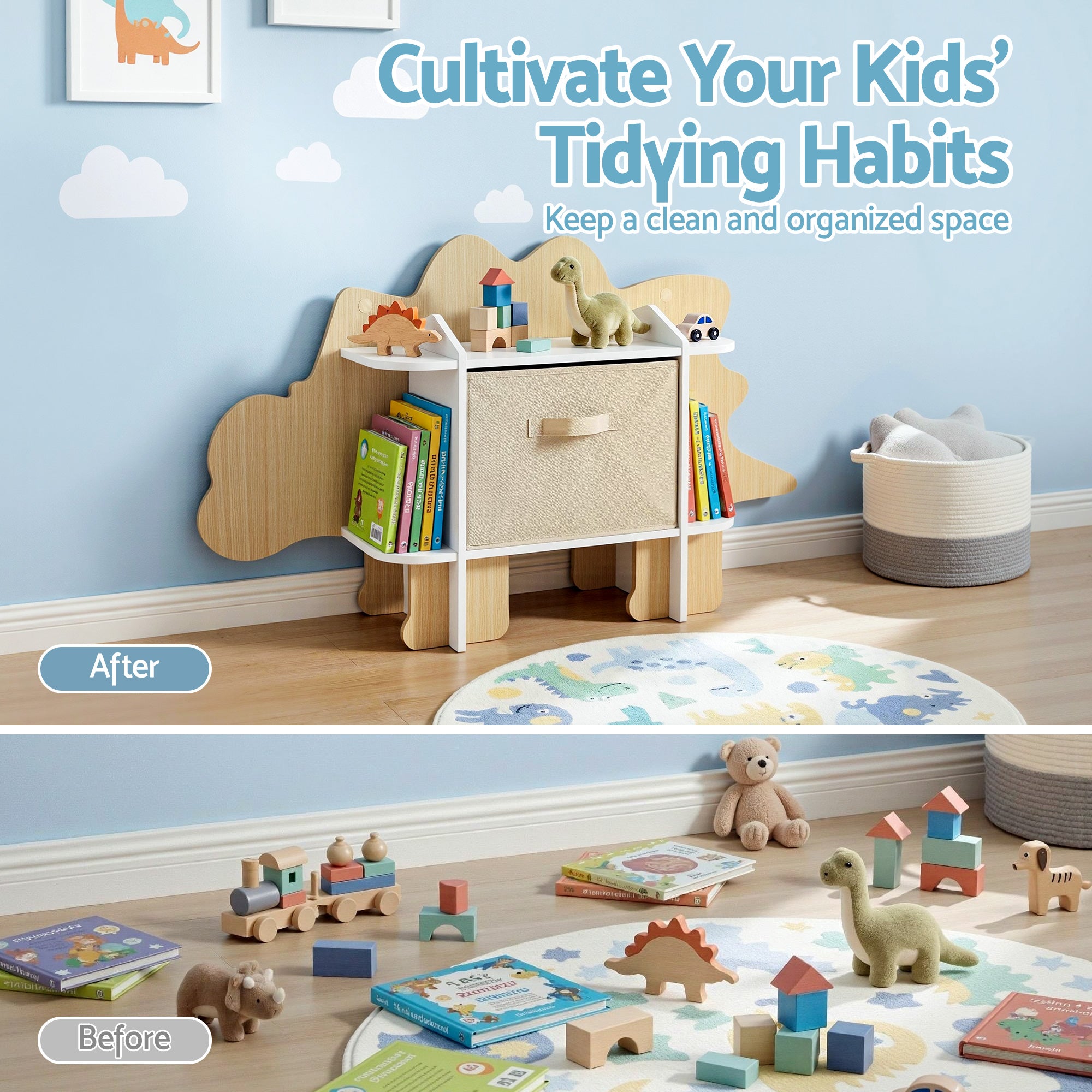 Keezi Dinosaur Kids Bookshelf 2-Tier Children&