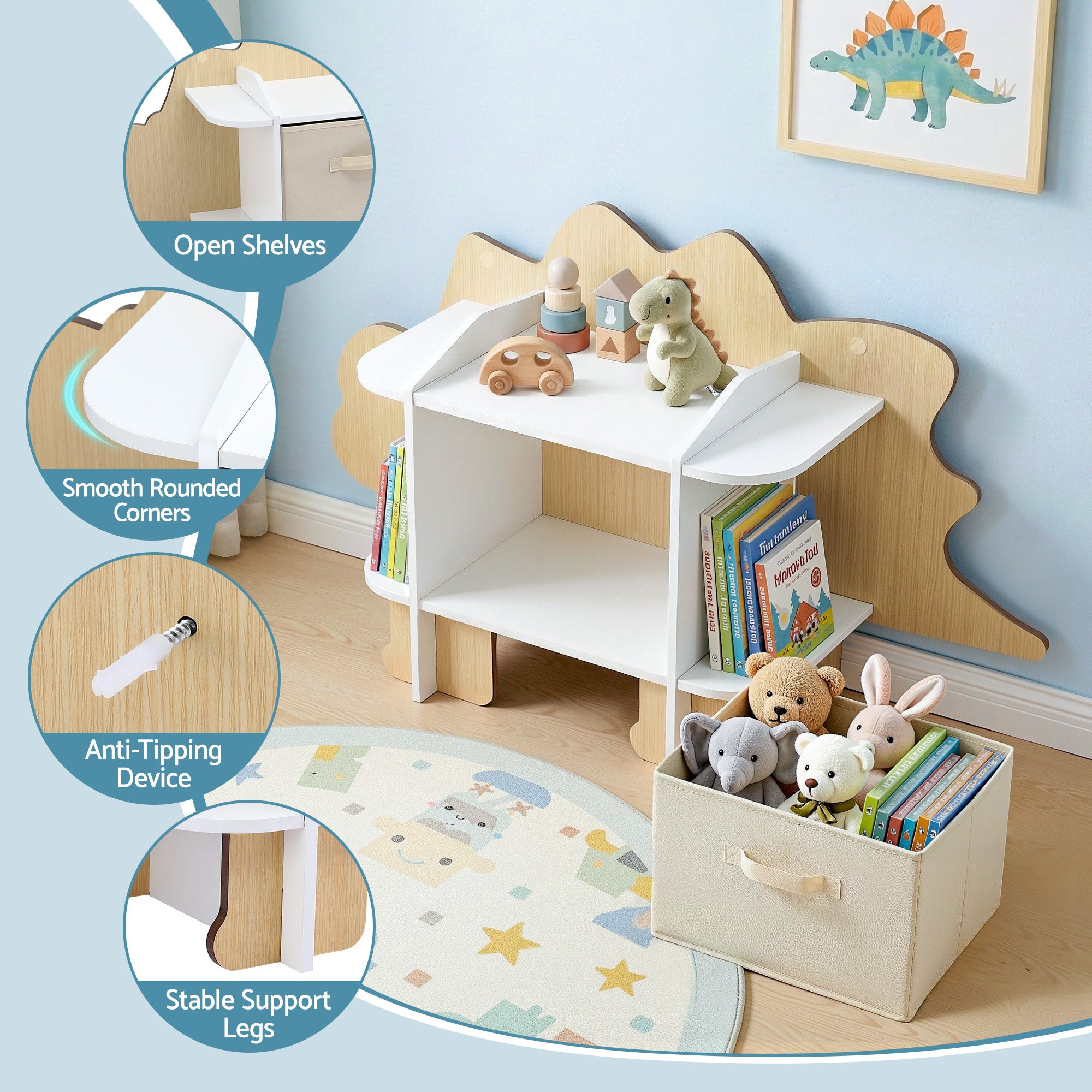 Keezi Dinosaur Kids Bookshelf 2-Tier Children&