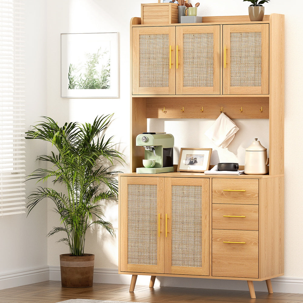 Artiss Buffet Sideboard Hutch Storage Cabinet Kitchen Cupboard Hooks Rattan Pine-Furniture > Dining > Buffets & Sideboards-PEROZ Accessories