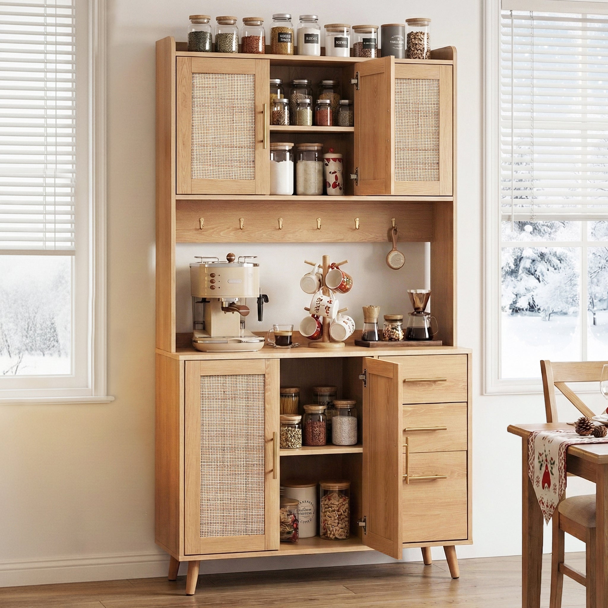 Artiss Buffet Sideboard Hutch Storage Cabinet Kitchen Cupboard Hooks Rattan Pine-Furniture > Dining > Buffets & Sideboards-PEROZ Accessories