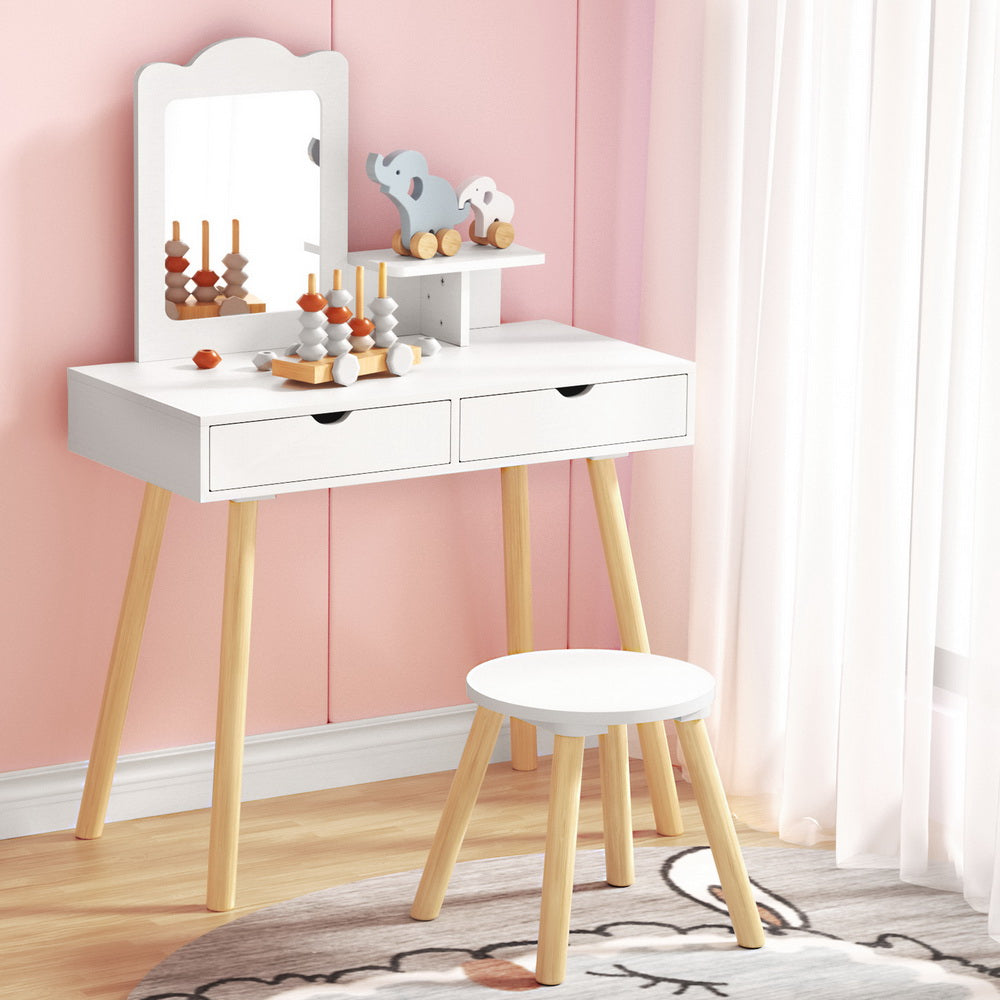 Keezi Kids Dressing Table Vanity Makeup Chair Set with Mirror Drawers Wooden Legs-Baby & Kids > Kid&