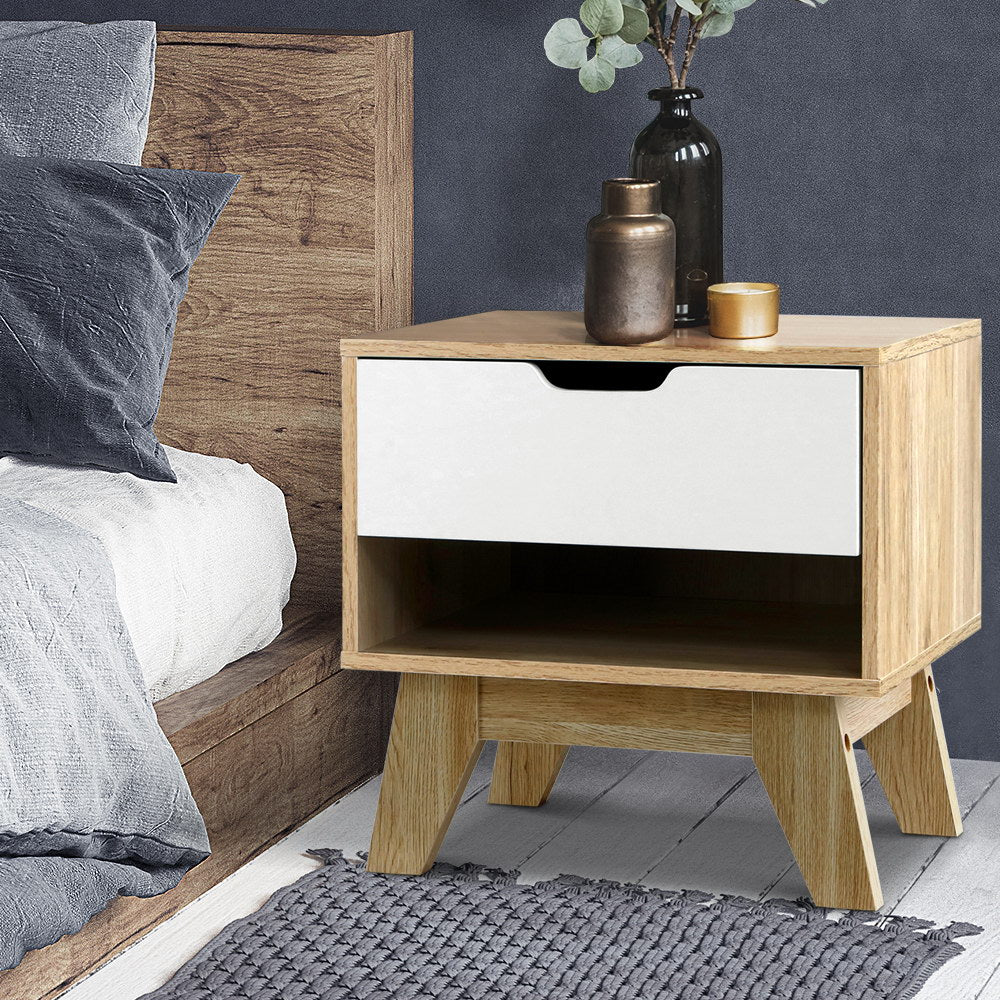 Artiss Bedside Table 1 Drawer with Shelf - IKER White & Oak-Bedside Tables-PEROZ Accessories