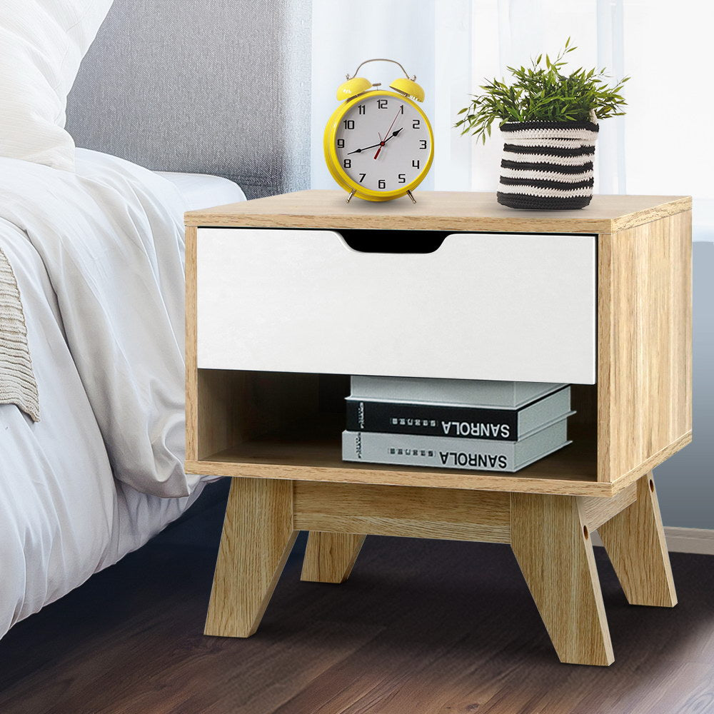 Artiss Bedside Table 1 Drawer with Shelf - IKER White & Oak-Bedside Tables-PEROZ Accessories