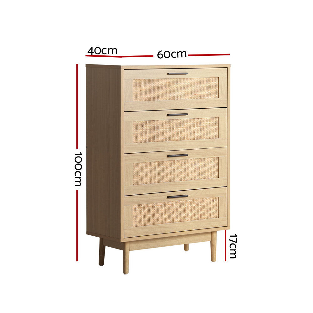 Artiss 4 Chest of Drawers Rattan Tallboy Pine - BRIONY-Furniture > Living Room-PEROZ Accessories