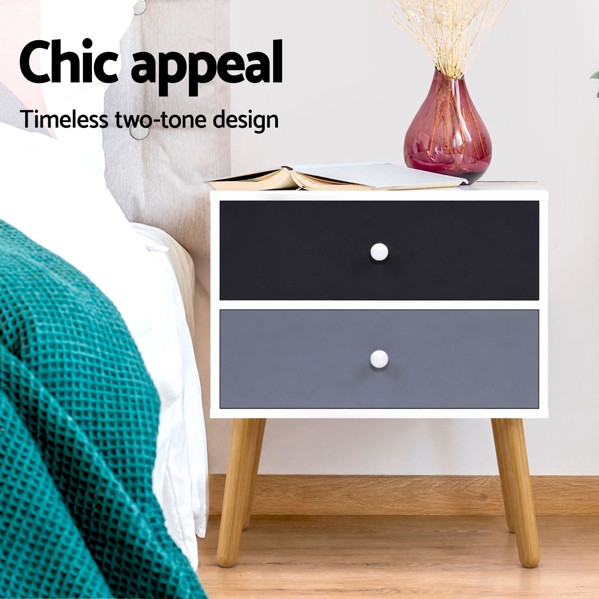 Artiss Bedside Table 2 Drawers - BONDS White-Bedside Tables-PEROZ Accessories