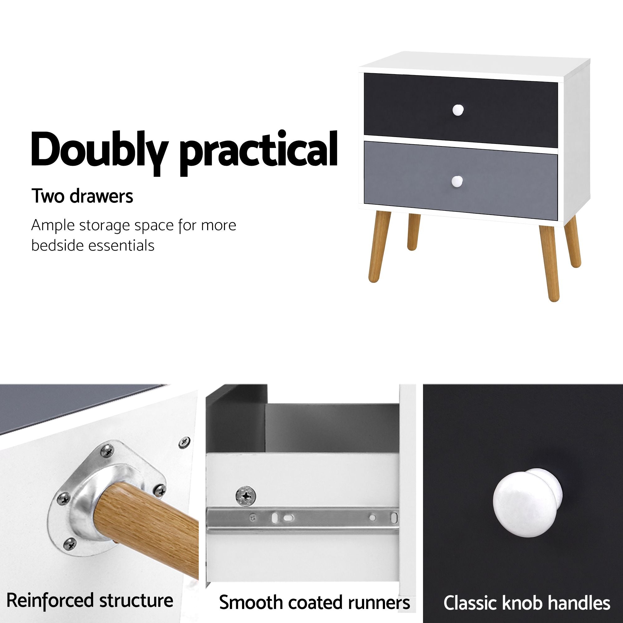 Artiss Bedside Table 2 Drawers - BONDS White-Bedside Tables-PEROZ Accessories