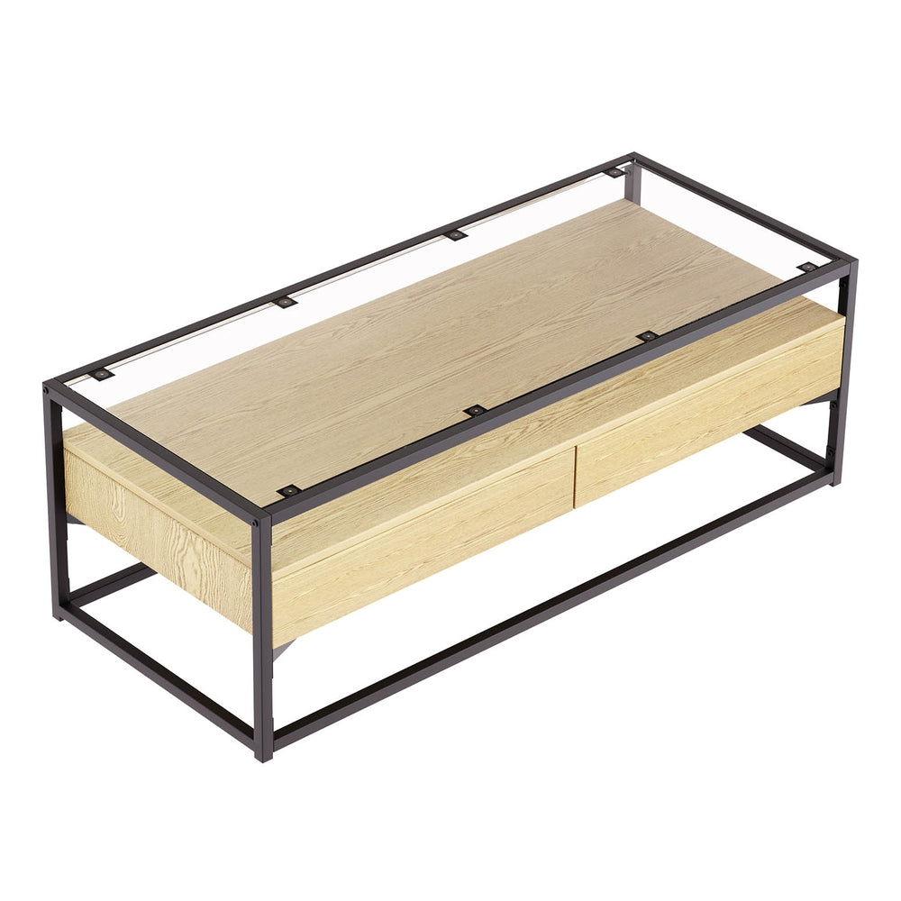 Artiss Coffee Table 2 Drawers Glass Tabletop Pine-Furniture > Living Room-PEROZ Accessories