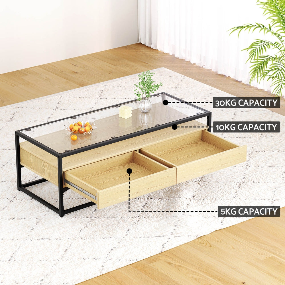 Artiss Coffee Table 2 Drawers Glass Tabletop Pine-Furniture > Living Room-PEROZ Accessories