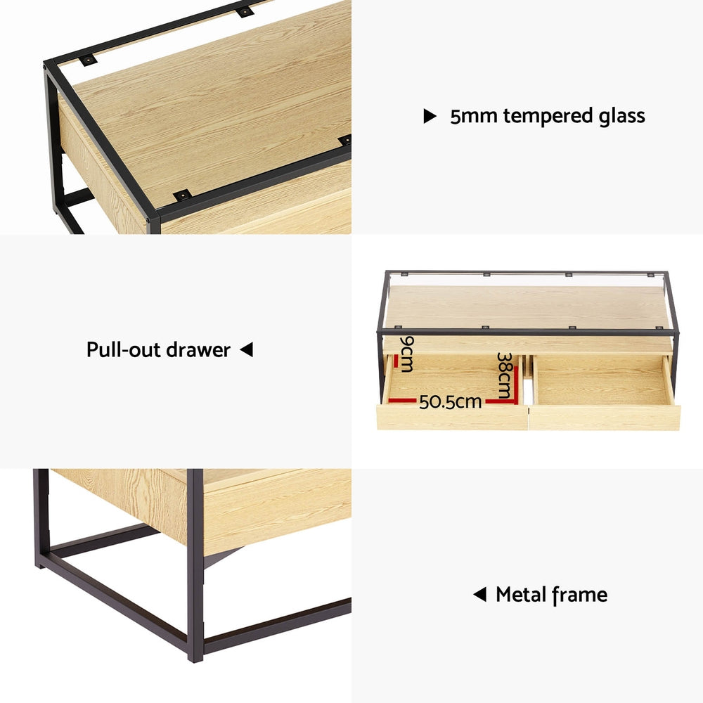 Artiss Coffee Table 2 Drawers Glass Tabletop Pine-Furniture > Living Room-PEROZ Accessories