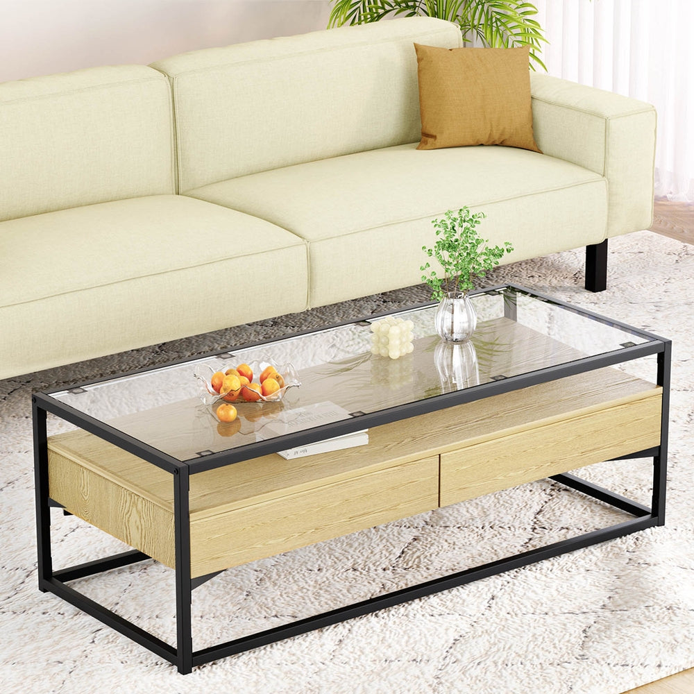 Artiss Coffee Table 2 Drawers Glass Tabletop Pine-Furniture > Living Room-PEROZ Accessories