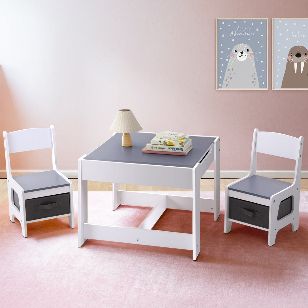Keezi Kids Table and Chairs Set Play Activity Toys Storage Chalkboard Desk Grey-Baby & Kids > Kid&
