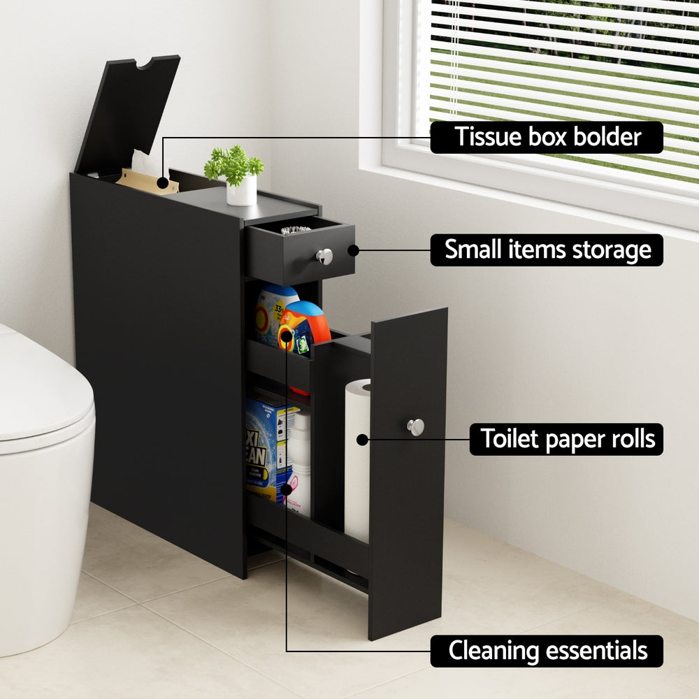 Artiss Bathroom Storage Cabinet Toilet Slim Tissue Box Caddy Holder Side Wooden Black-Furniture > Bathroom > Bathroom Cabinets, Cupboards & Storage-PEROZ Accessories