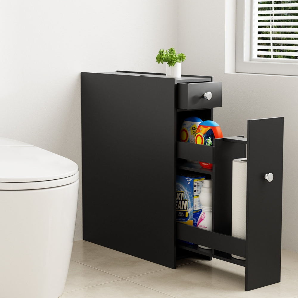 Artiss Bathroom Storage Cabinet Toilet Slim Tissue Box Caddy Holder Side Wooden Black-Furniture > Bathroom > Bathroom Cabinets, Cupboards & Storage-PEROZ Accessories