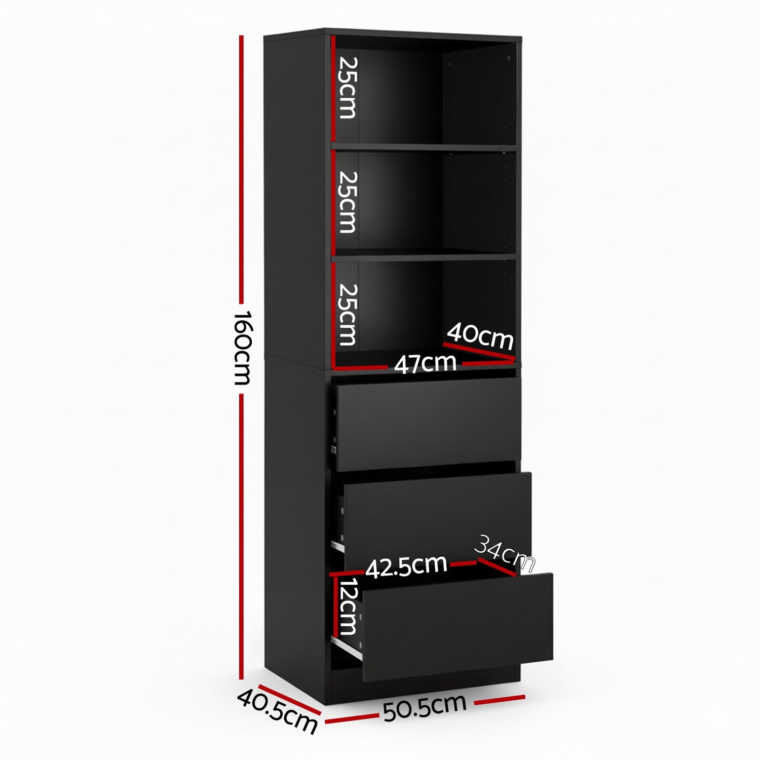 Artiss 3 Chest of Drawers Tallboy Cabinet Black-Furniture > Bedroom > Dressers-PEROZ Accessories