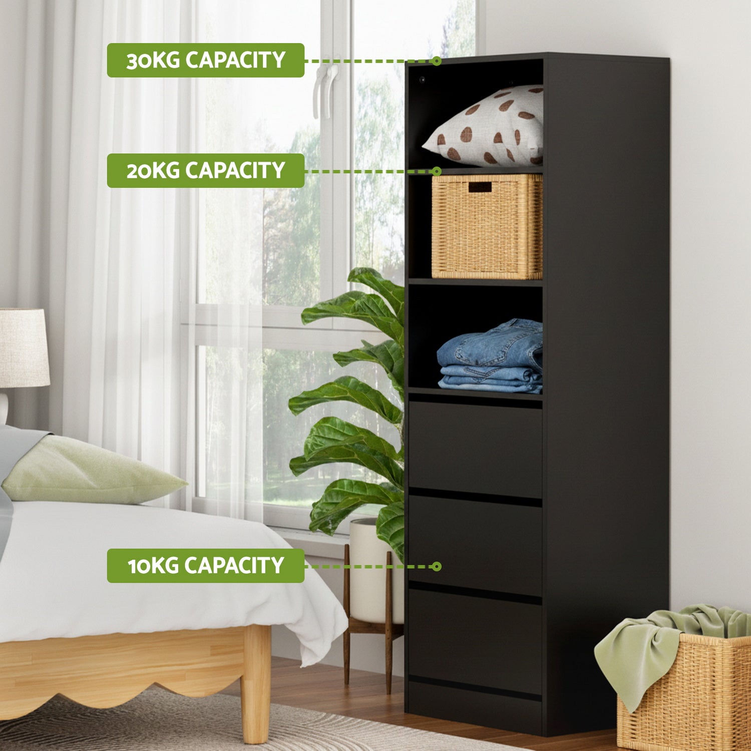 Artiss 3 Chest of Drawers Tallboy Cabinet Black-Furniture > Bedroom > Dressers-PEROZ Accessories
