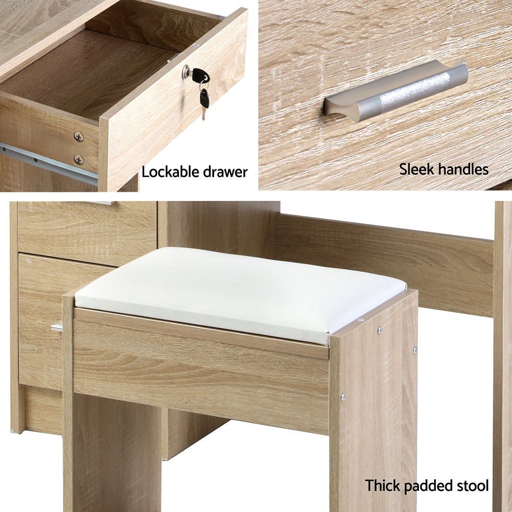Artiss Dressing Table Stool Set Sliding Mirror Oak Diane-Dressing Tables-PEROZ Accessories