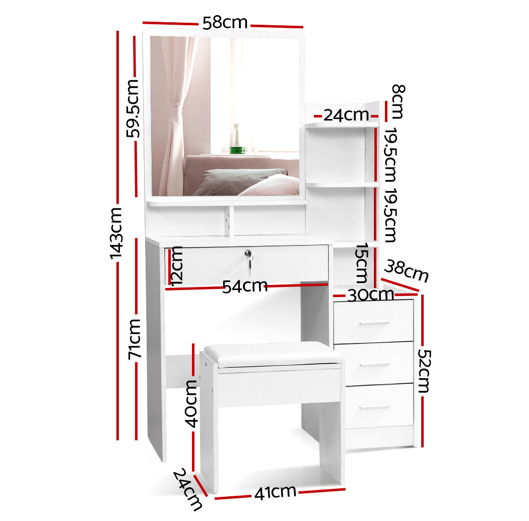 Artiss Dressing Table Stool Set 4 Drawers White-Dressing Tables-PEROZ Accessories