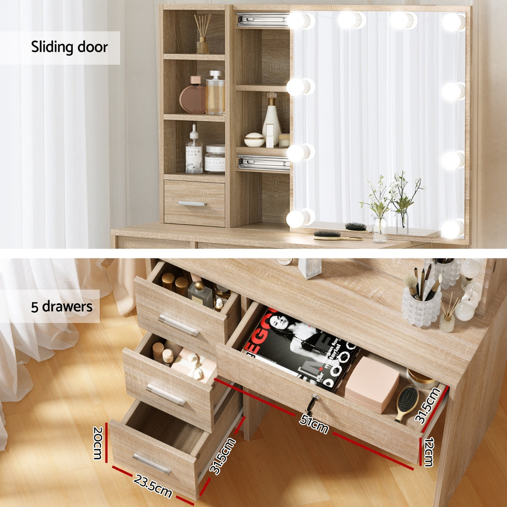 Artiss Dressing Table Set Stool 10 Led Bulbs Wood-Furniture > Bedroom > Dressing Vanity & Dressing Tables-PEROZ Accessories