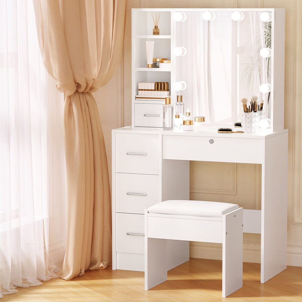 Artiss Dressing Table Set Stool 10 Led Bulbs White Dylan-Furniture > Bedroom-PEROZ Accessories