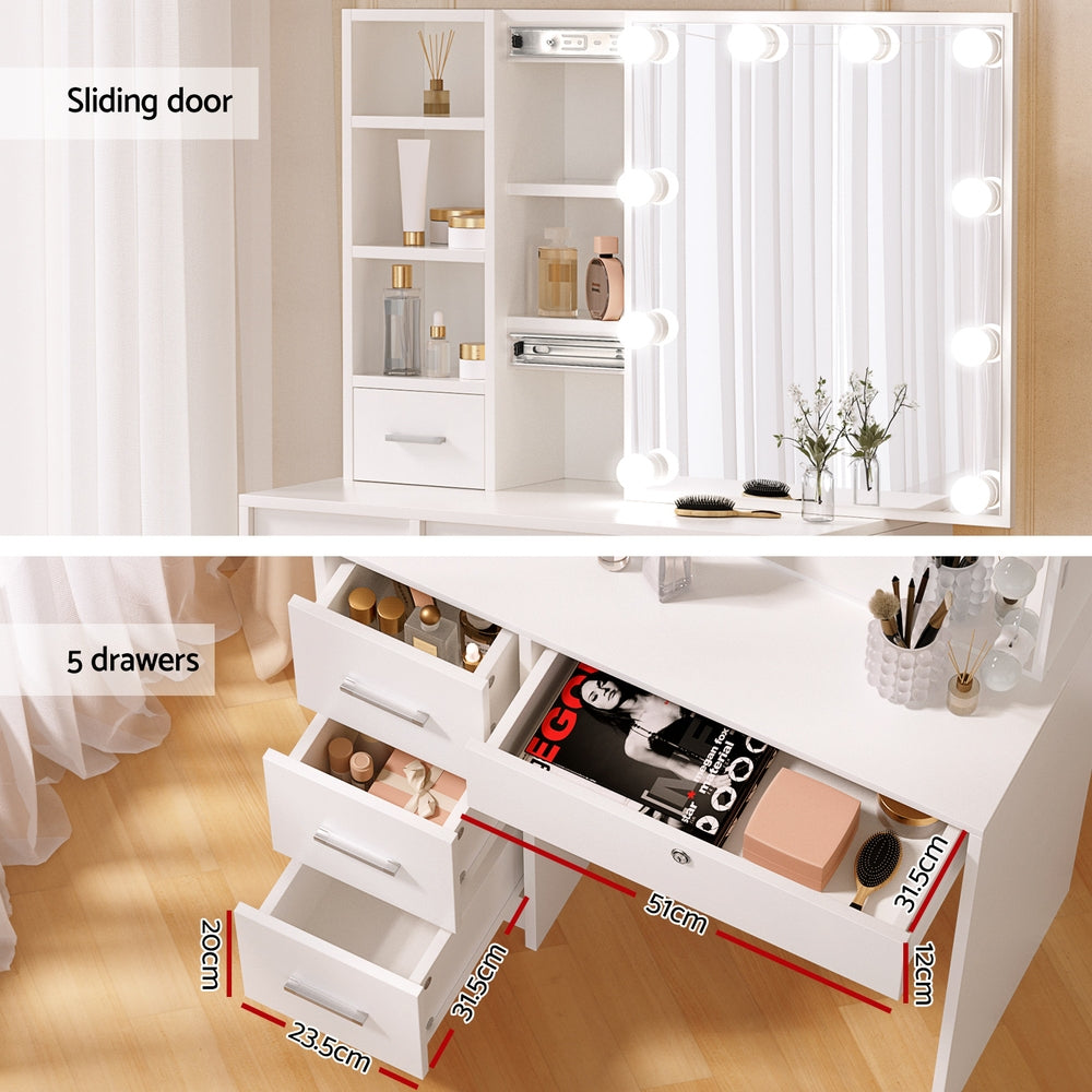 Artiss Dressing Table Set Stool 10 Led Bulbs White Dylan-Furniture > Bedroom-PEROZ Accessories