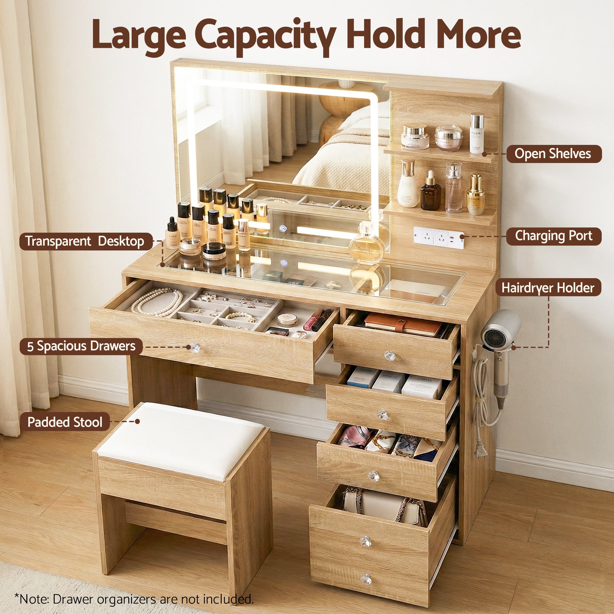 Artiss Dressing Table LED Vanity Desk Set Stool Wood-Furniture > Bedroom > Dressing Vanity & Dressing Tables-PEROZ Accessories