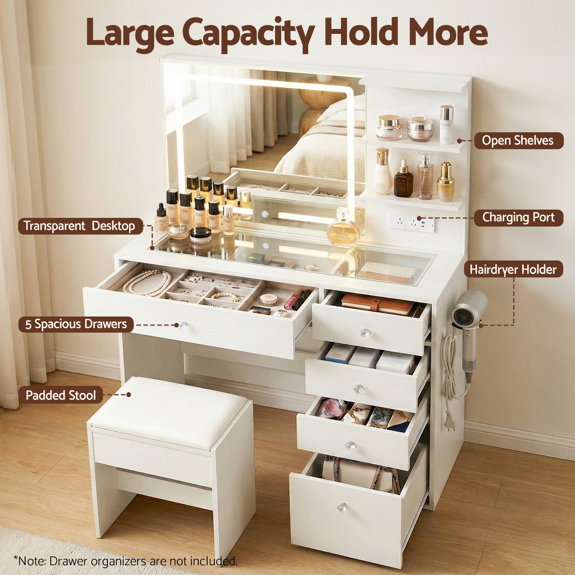 Artiss Dressing Table LED Vanity Desk Set Stool White-Furniture > Bedroom > Dressing Vanity & Dressing Tables-PEROZ Accessories