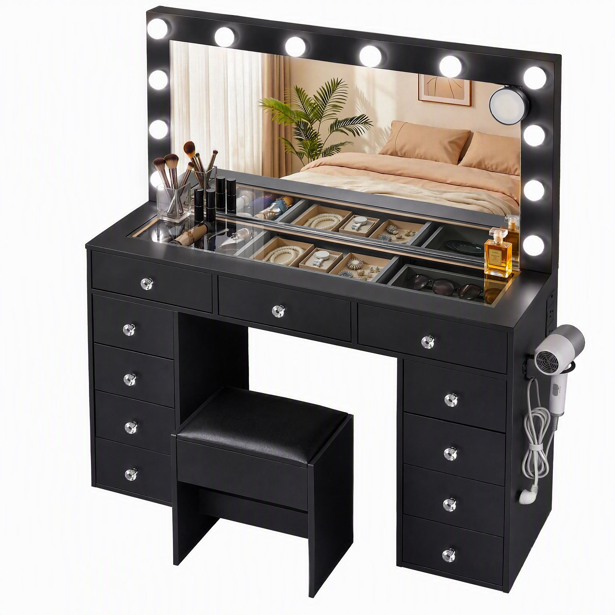 Artiss Dressing Table Charging Station LED Vanity Desk Set Stool Glass Top Make up Mirror Storage Drawer Black