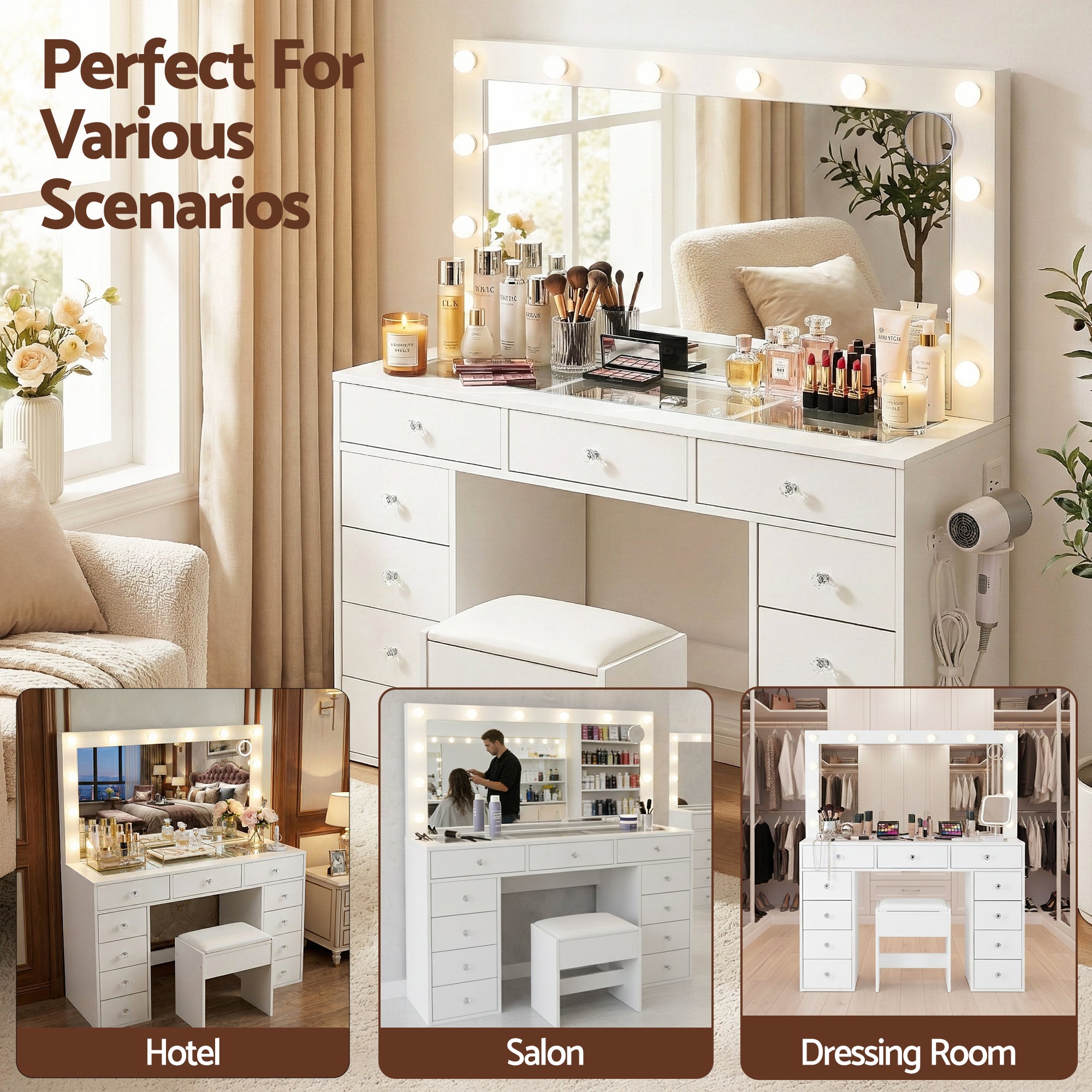 Artiss Dressing Table Vanity Desk Set Stool LED Bulbs White-Furniture > Bedroom > Dressing Vanity & Dressing Tables-PEROZ Accessories