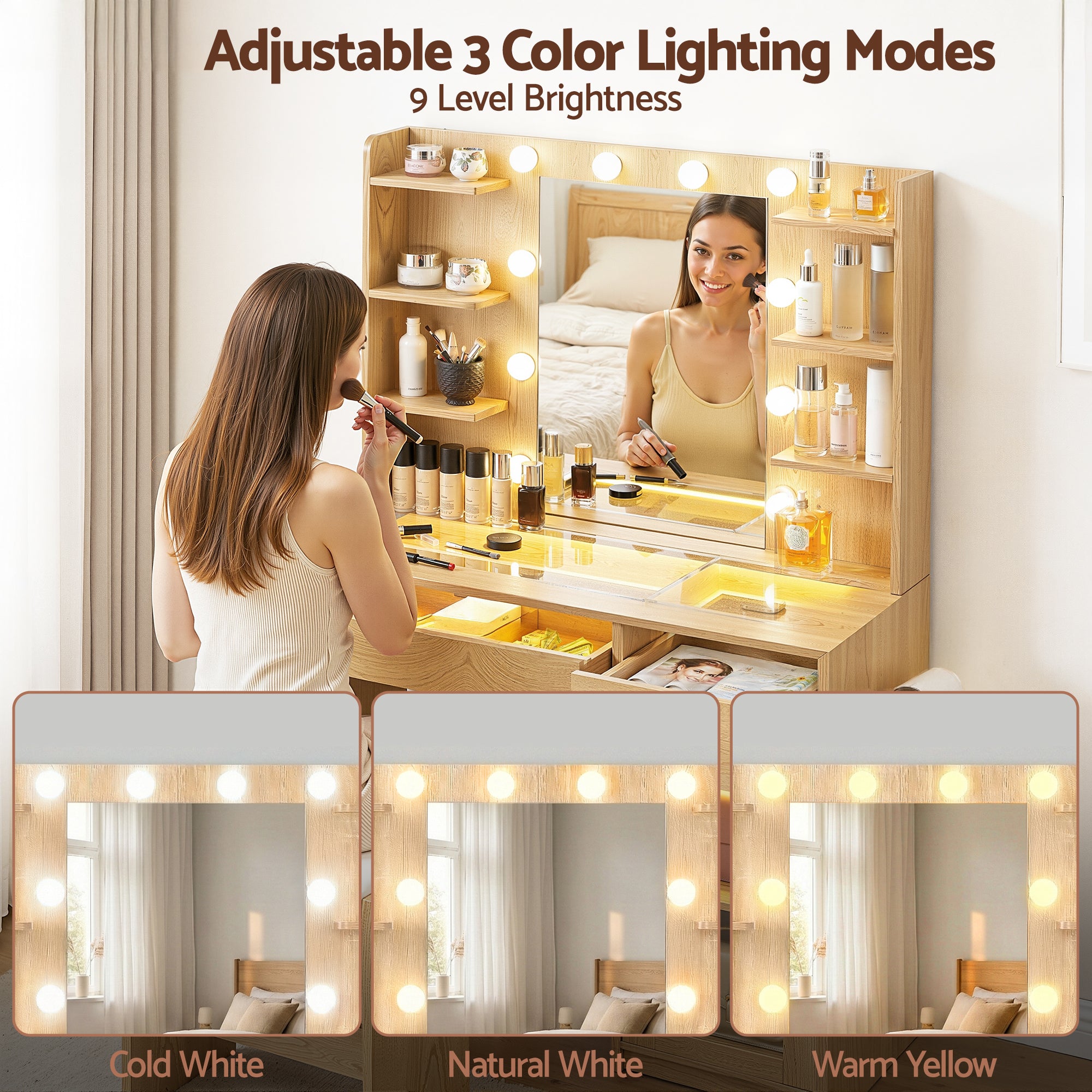 Artiss Dressing Table Vanity Desk Set 10 LED Bulbs RGB Light Wood-Furniture > Bedroom > Dressing Vanity & Dressing Tables-PEROZ Accessories
