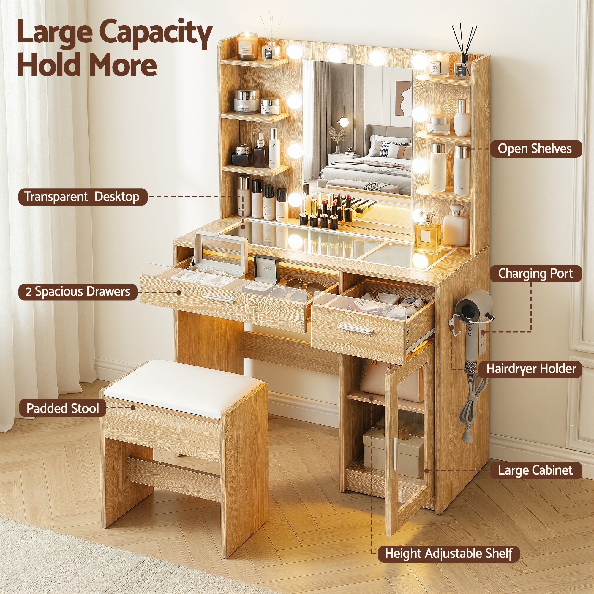 Artiss Dressing Table Vanity Desk Set 10 LED Bulbs RGB Light Wood-Furniture > Bedroom > Dressing Vanity & Dressing Tables-PEROZ Accessories