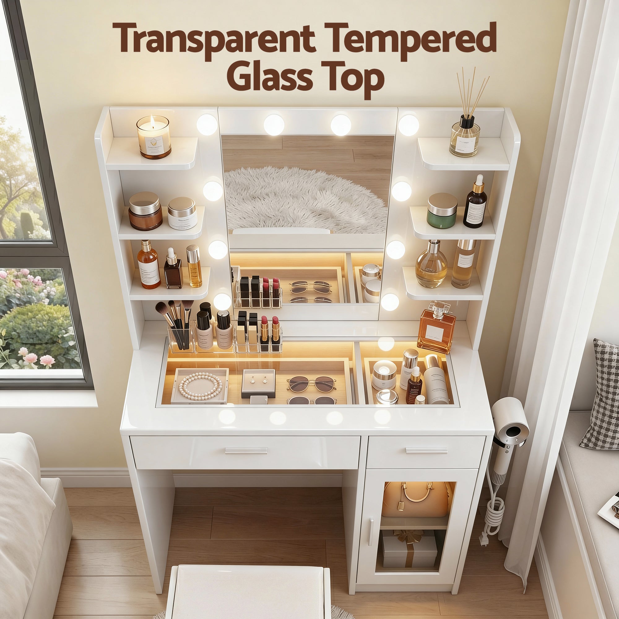 Artiss Dressing Table Vanity Desk Set 10 LED Bulbs RGB Light White-Furniture > Bedroom > Dressing Vanity & Dressing Tables-PEROZ Accessories