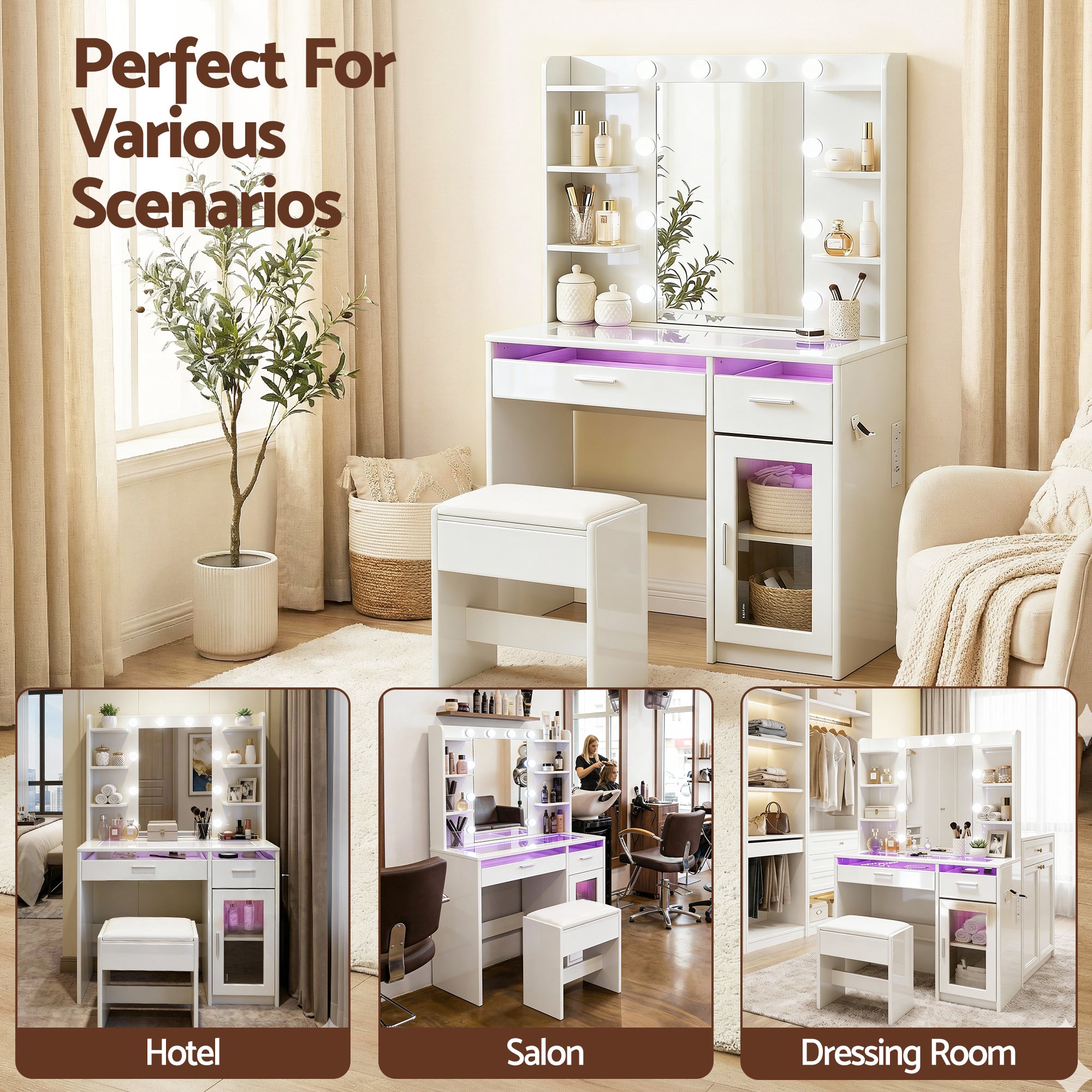 Artiss Dressing Table Vanity Desk Set 10 LED Bulbs RGB Light White-Furniture > Bedroom > Dressing Vanity & Dressing Tables-PEROZ Accessories