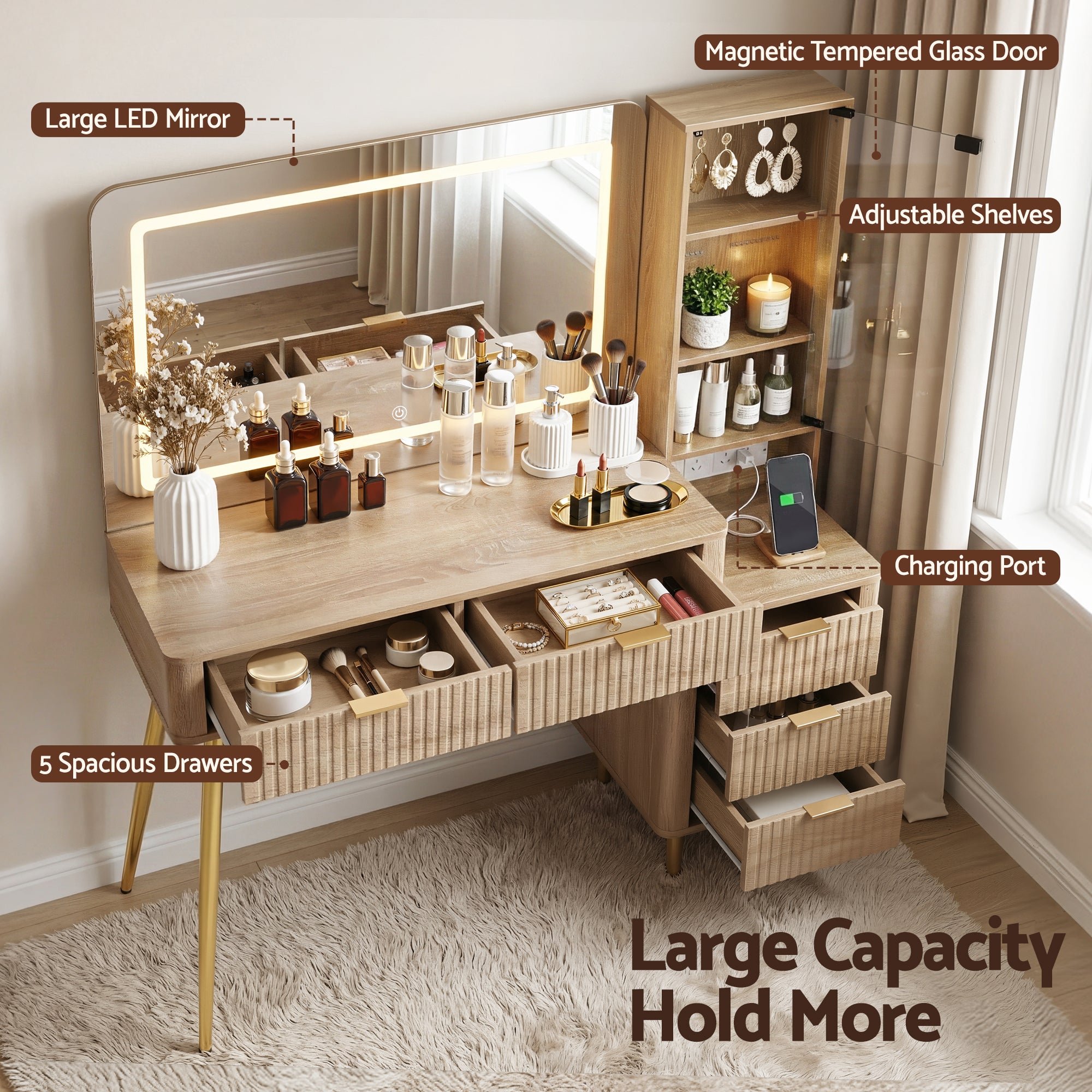 Artiss Dressing Table LED Vanity Desk Charging Station Wood-Furniture > Bedroom > Dressing Vanity & Dressing Tables-PEROZ Accessories