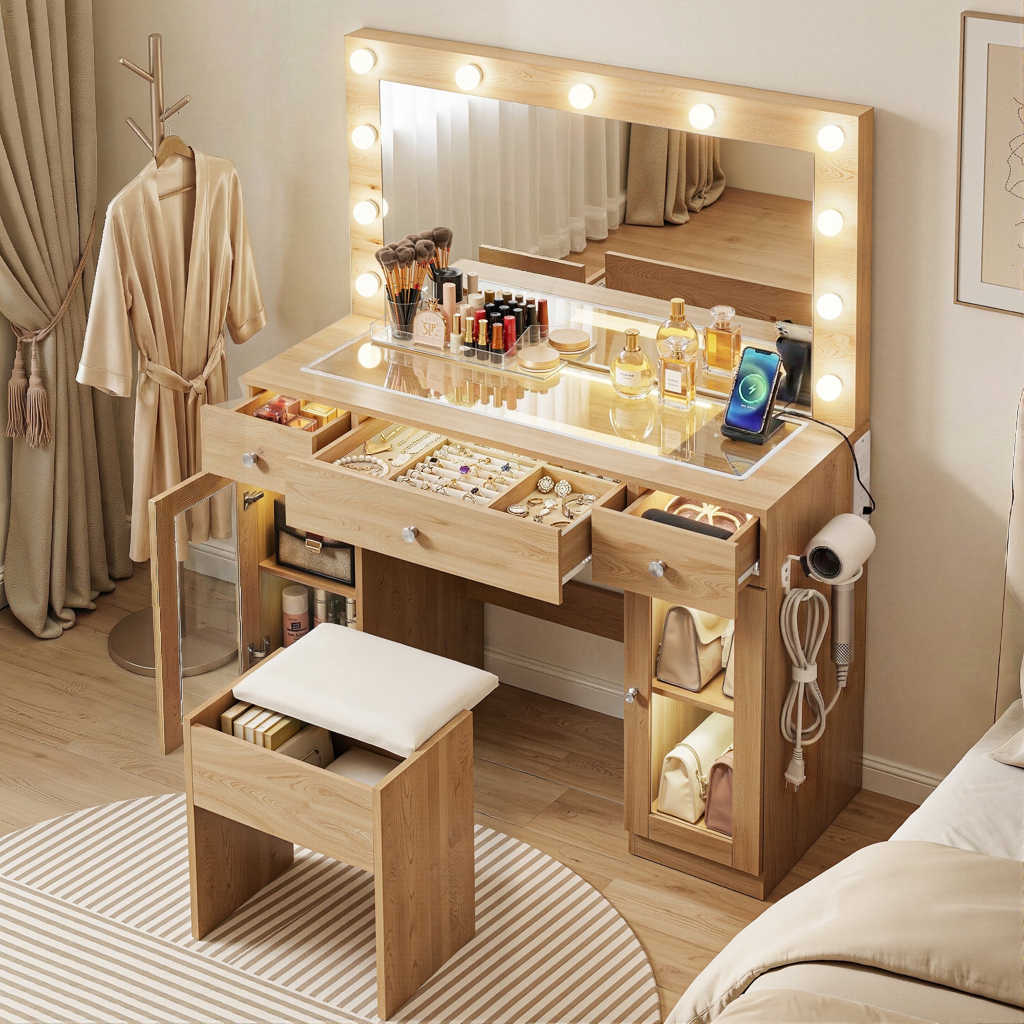 Artiss Dressing Table Vanity Desk Set LED Bulbs RGB Light Wood-Furniture > Bedroom > Dressing Vanity & Dressing Tables-PEROZ Accessories
