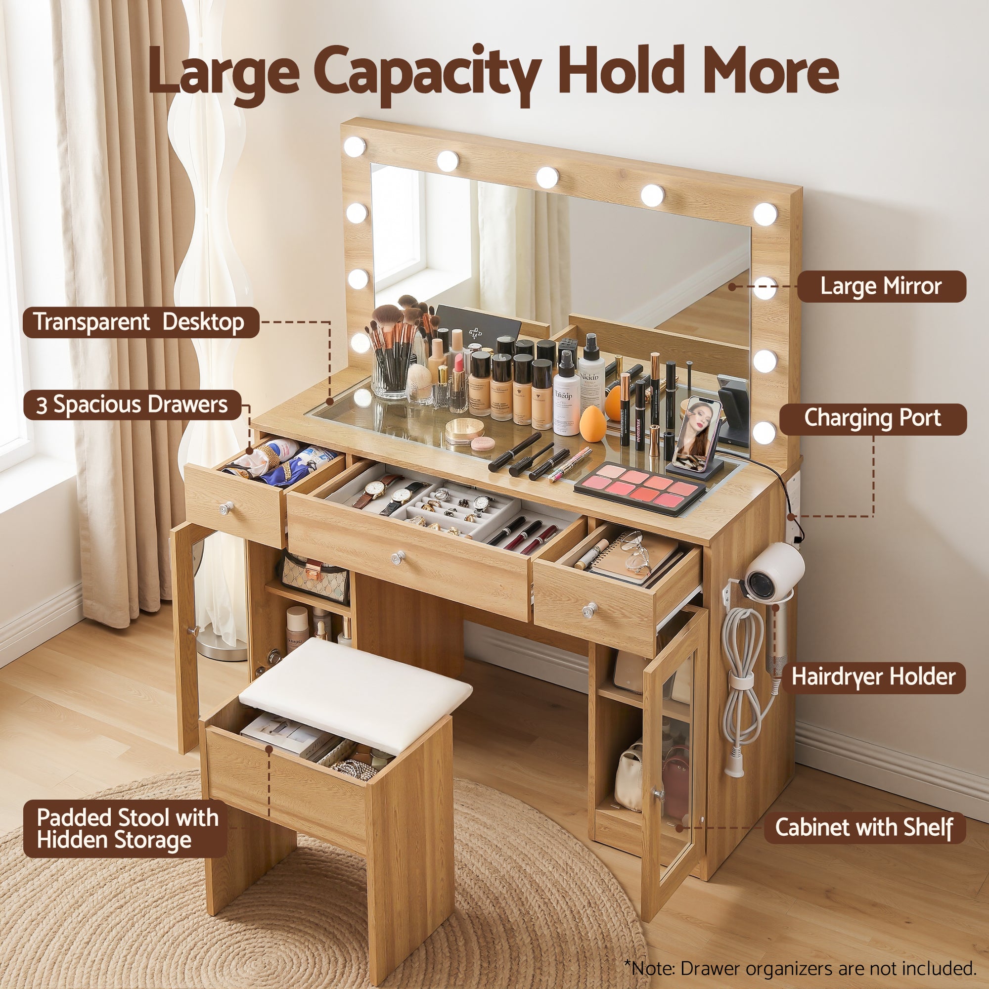 Artiss Dressing Table Vanity Desk Set LED Bulbs RGB Light Wood-Furniture > Bedroom > Dressing Vanity & Dressing Tables-PEROZ Accessories