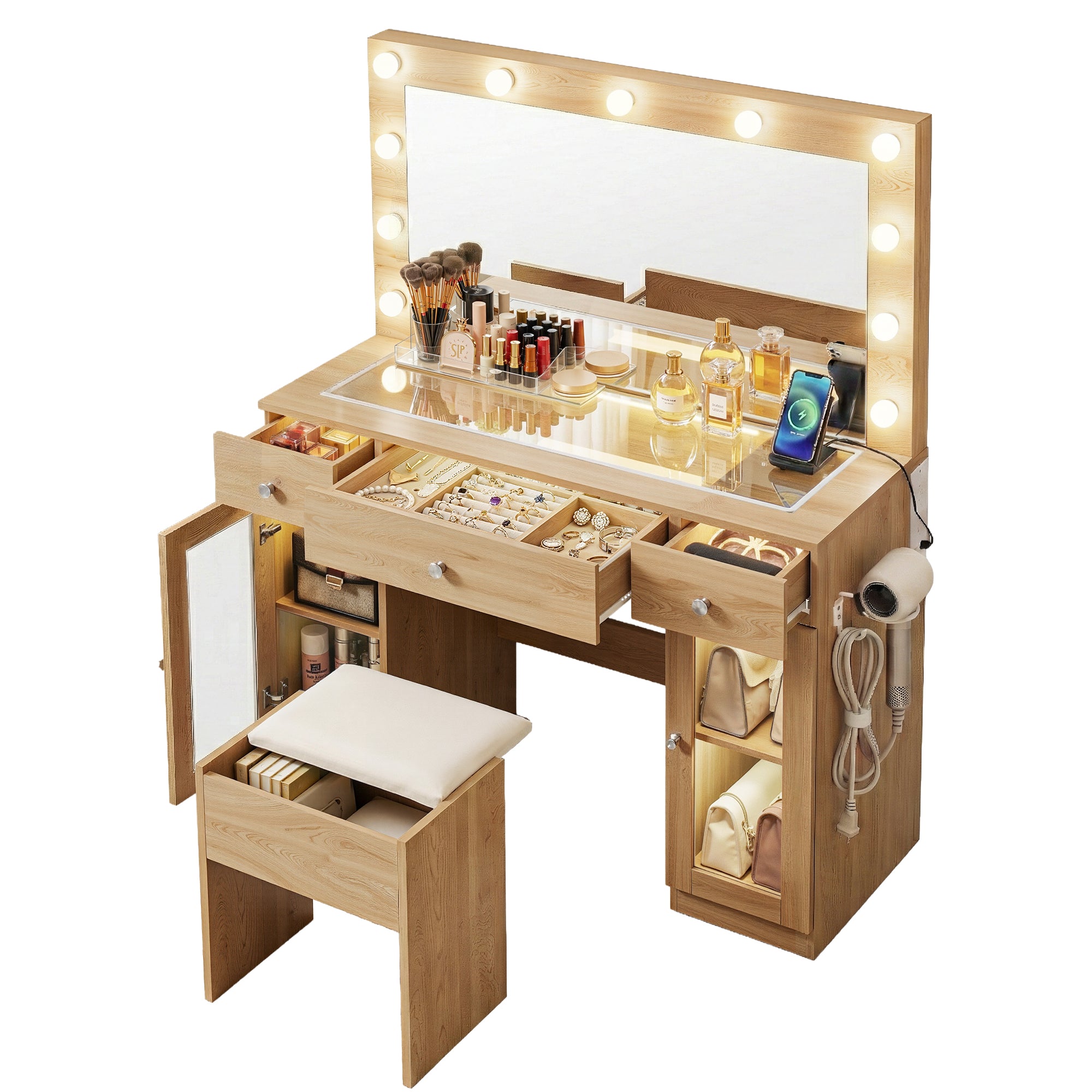 Artiss Dressing Table Vanity Desk Set LED Bulbs RGB Light Wood-Furniture > Bedroom > Dressing Vanity & Dressing Tables-PEROZ Accessories