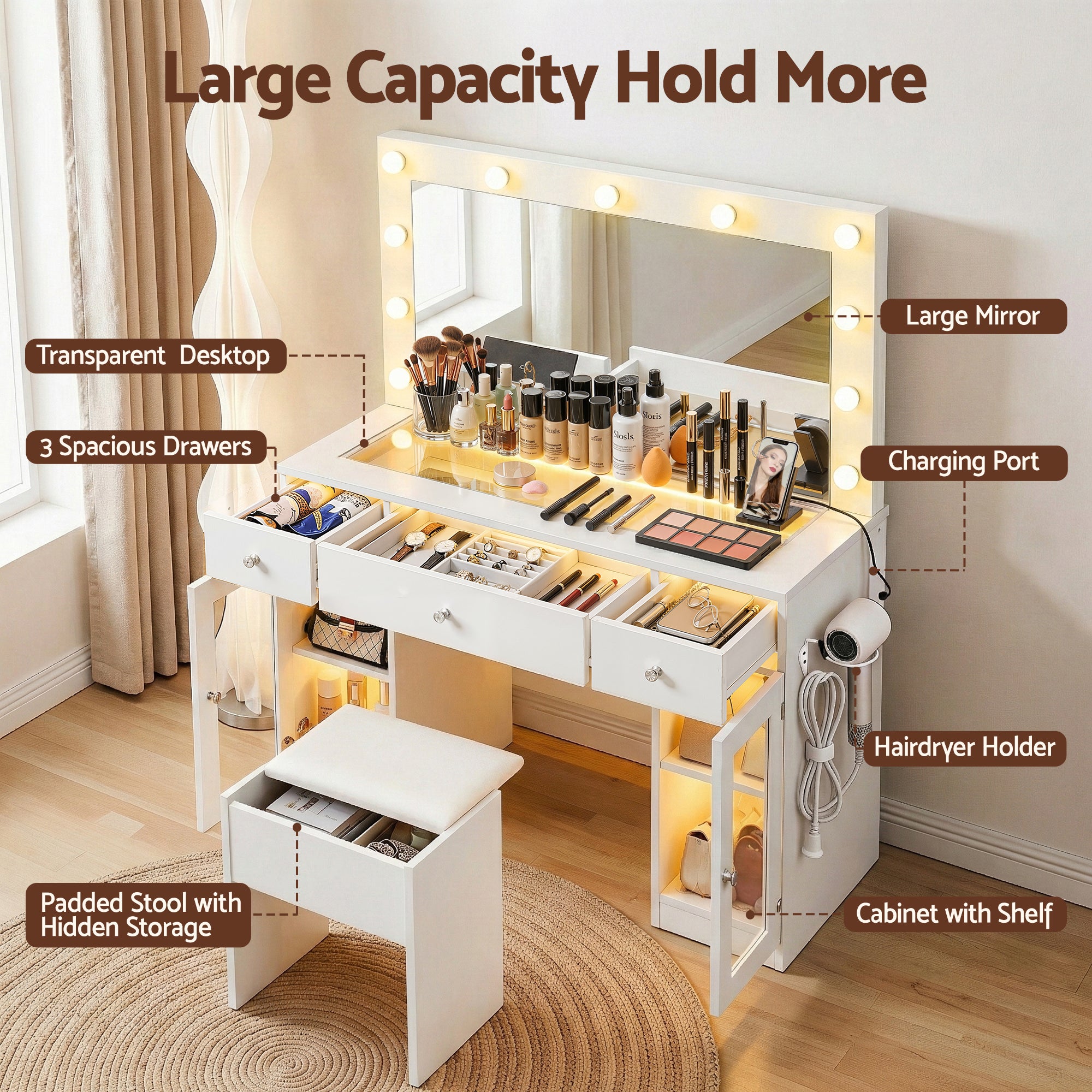 Artiss Dressing Table Vanity Desk Set LED Bulbs RGB Light White-Furniture > Bedroom > Dressing Vanity & Dressing Tables-PEROZ Accessories