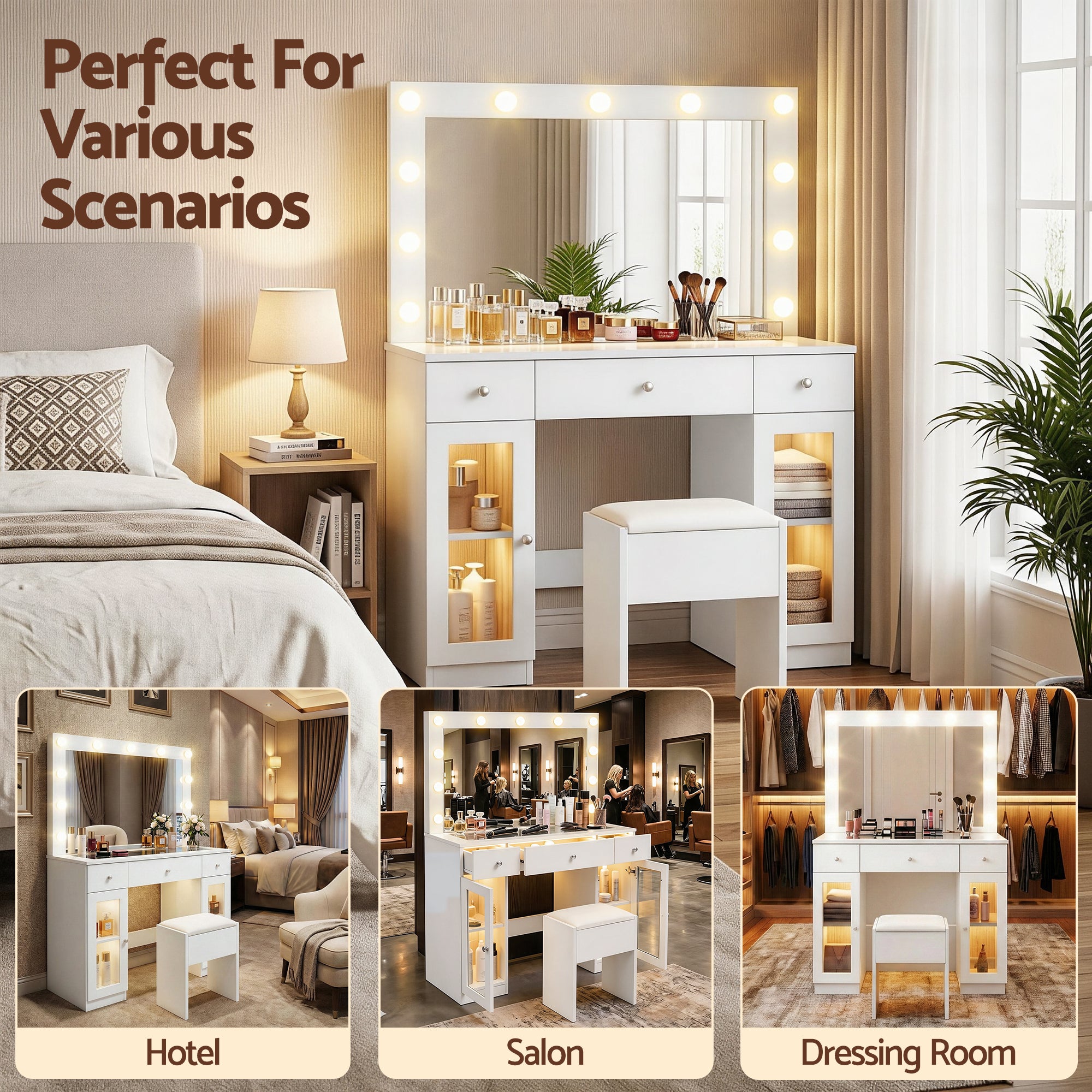 Artiss Dressing Table Vanity Desk Set LED Bulbs RGB Light White-Furniture > Bedroom > Dressing Vanity & Dressing Tables-PEROZ Accessories
