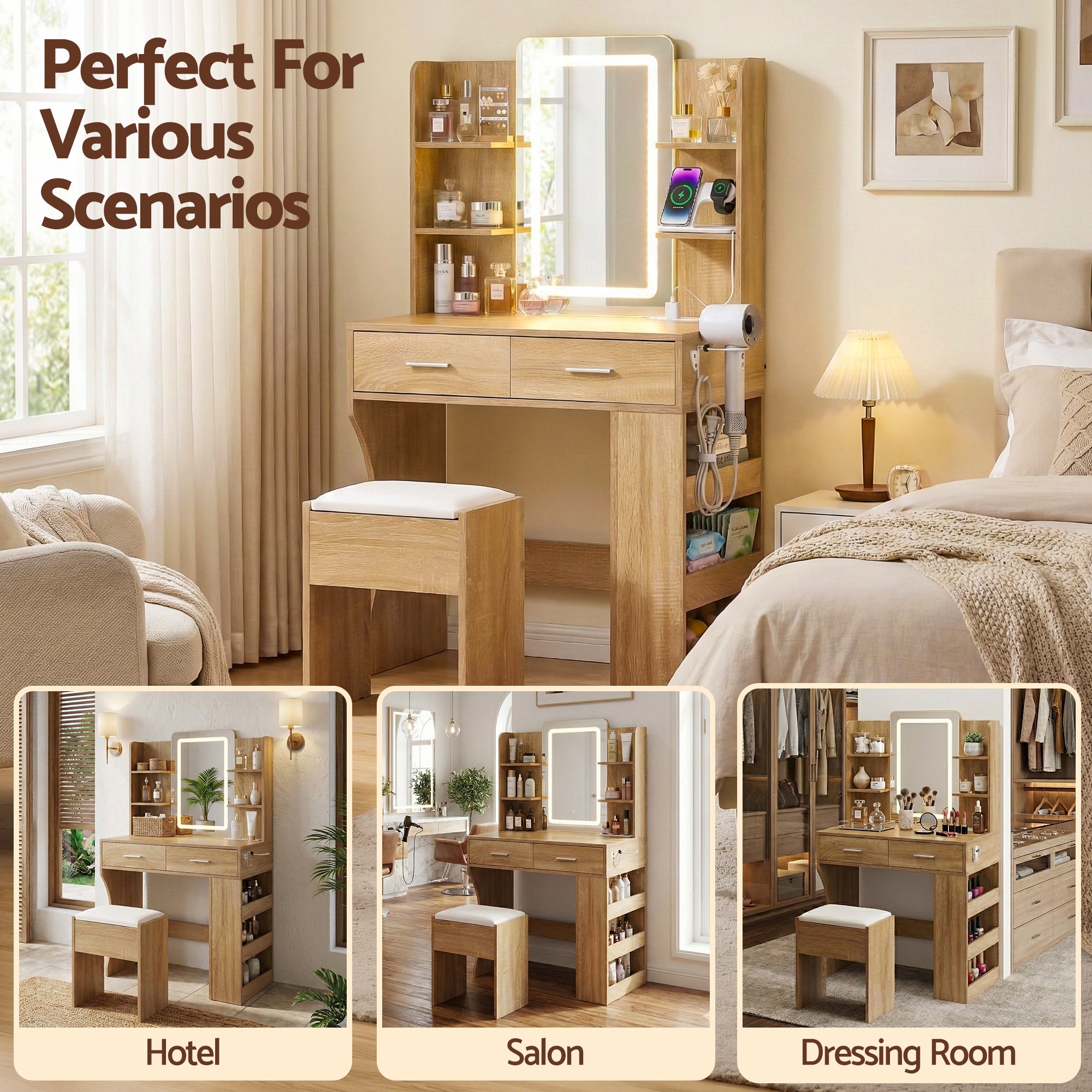 Artiss Dressing Table LED Vanity Desk Set Stool Wood-Furniture > Bedroom > Dressing Vanity & Dressing Tables-PEROZ Accessories