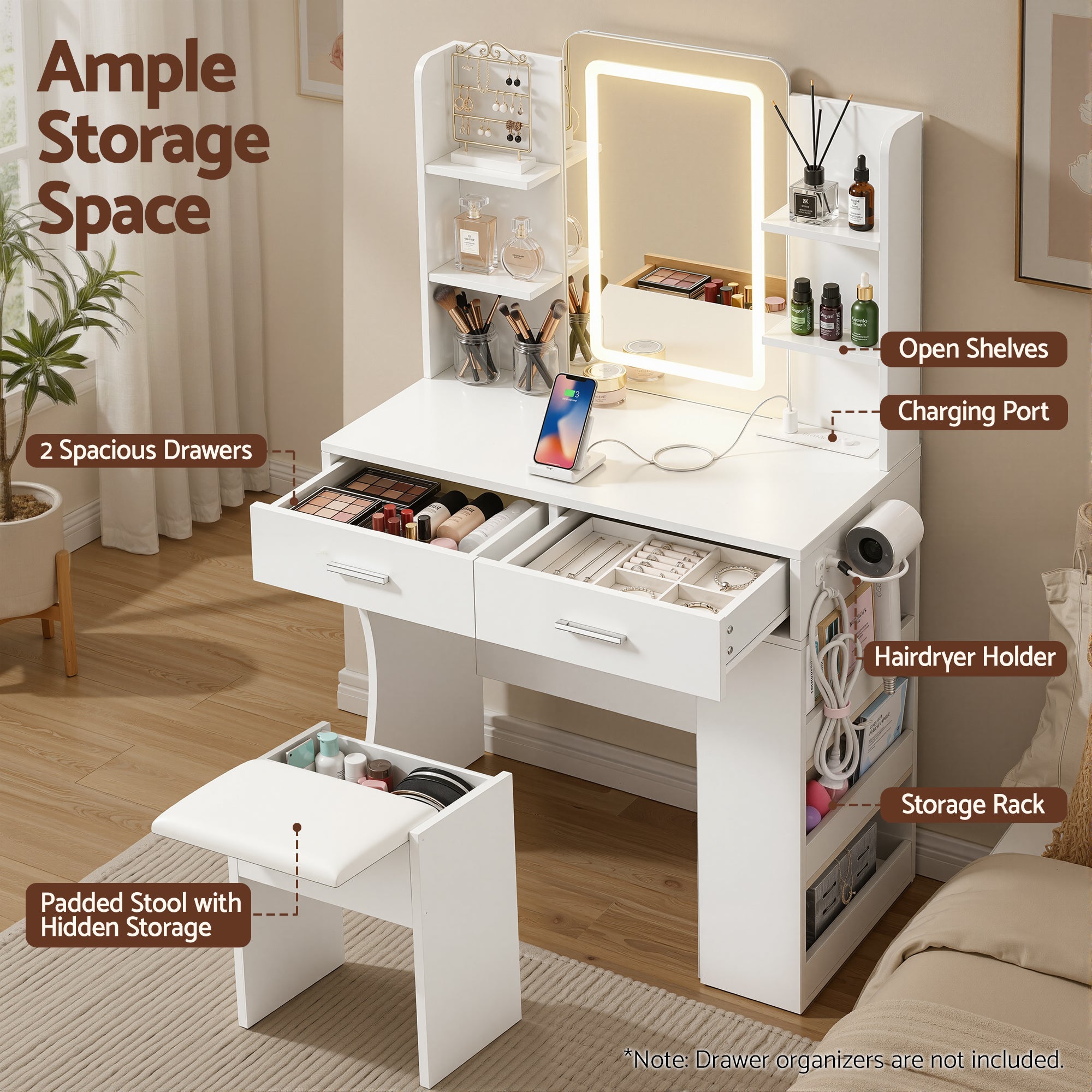 Artiss Dressing Table LED Vanity Desk Set Stool White-Furniture > Bedroom > Dressing Vanity & Dressing Tables-PEROZ Accessories