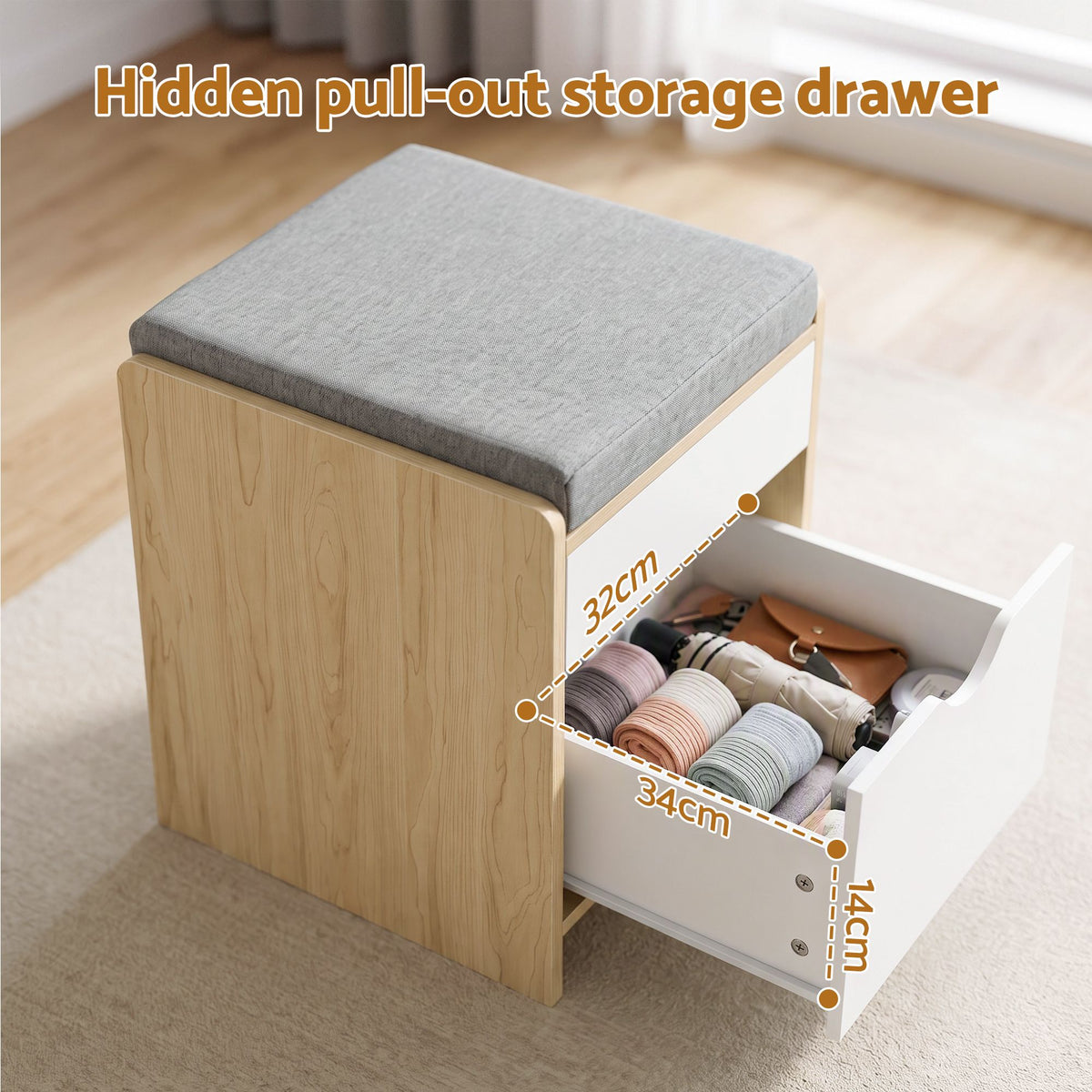 Artiss Storage Ottoman with Drawer 100kg Capacity Footrest Cushion Oak-Furniture > Living Room > Ottomans & Footstools-PEROZ Accessories