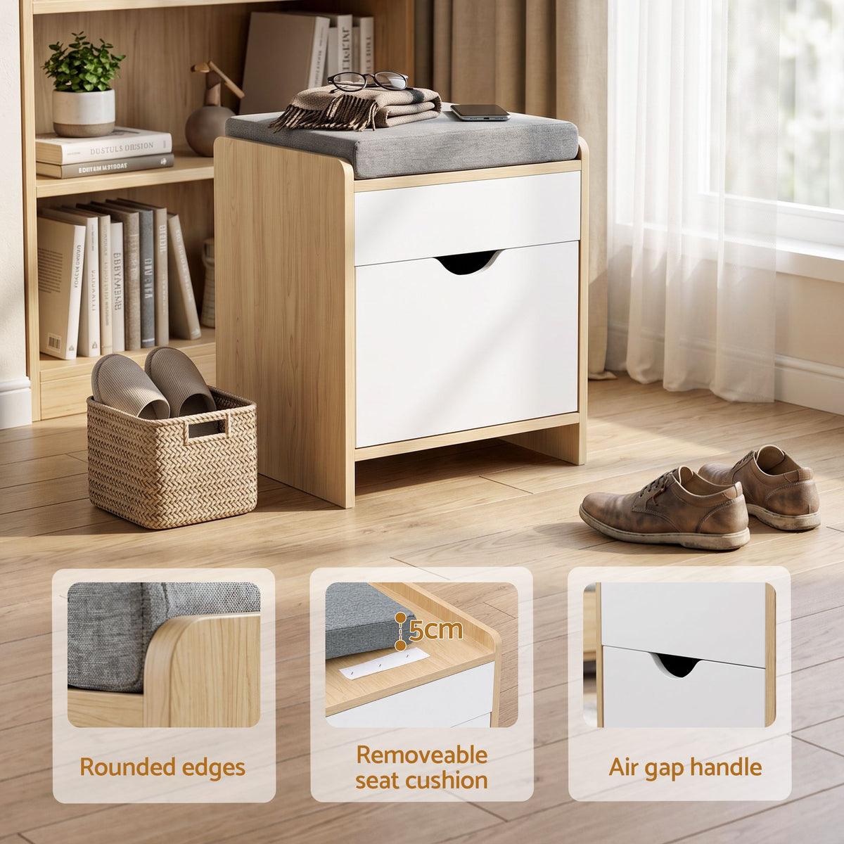 Artiss Storage Ottoman with Drawer 100kg Capacity Footrest Cushion Oak-Furniture > Living Room > Ottomans & Footstools-PEROZ Accessories